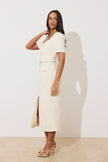 HARRIET TWEED BUTTON FRONT BELTED MIDI - CREAM