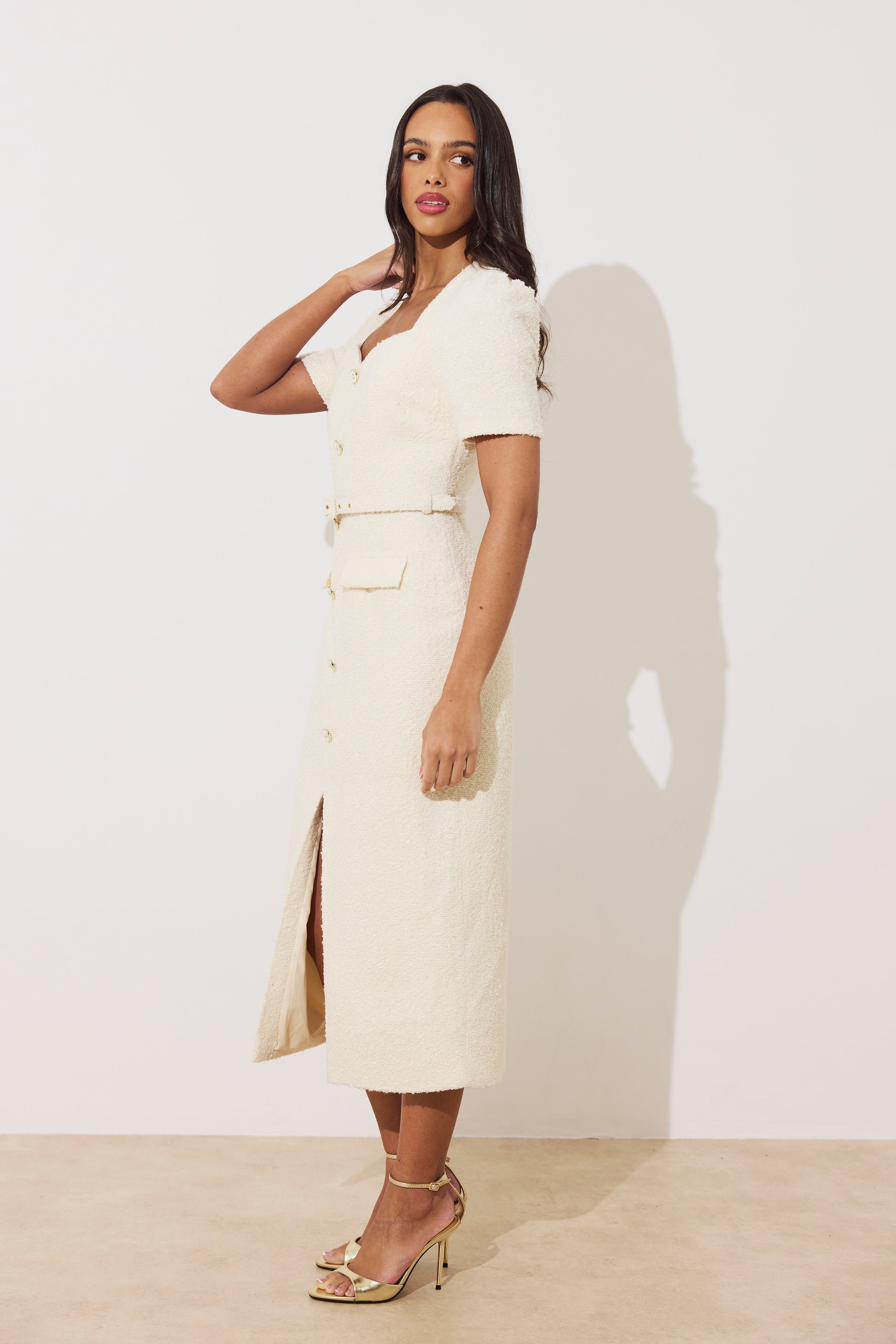 HARRIET TWEED BUTTON FRONT BELTED MIDI - CREAM