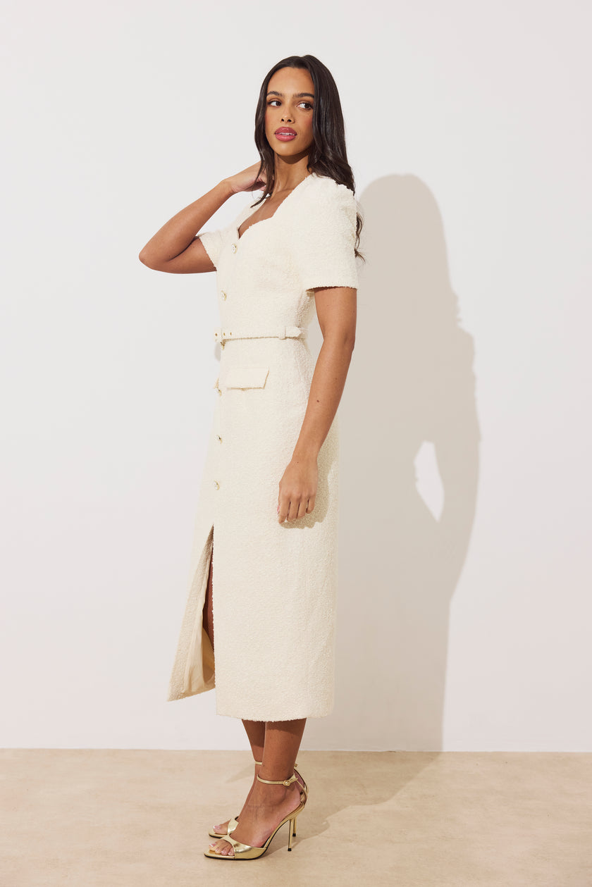 HARRIET TWEED BUTTON FRONT BELTED MIDI - CREAM