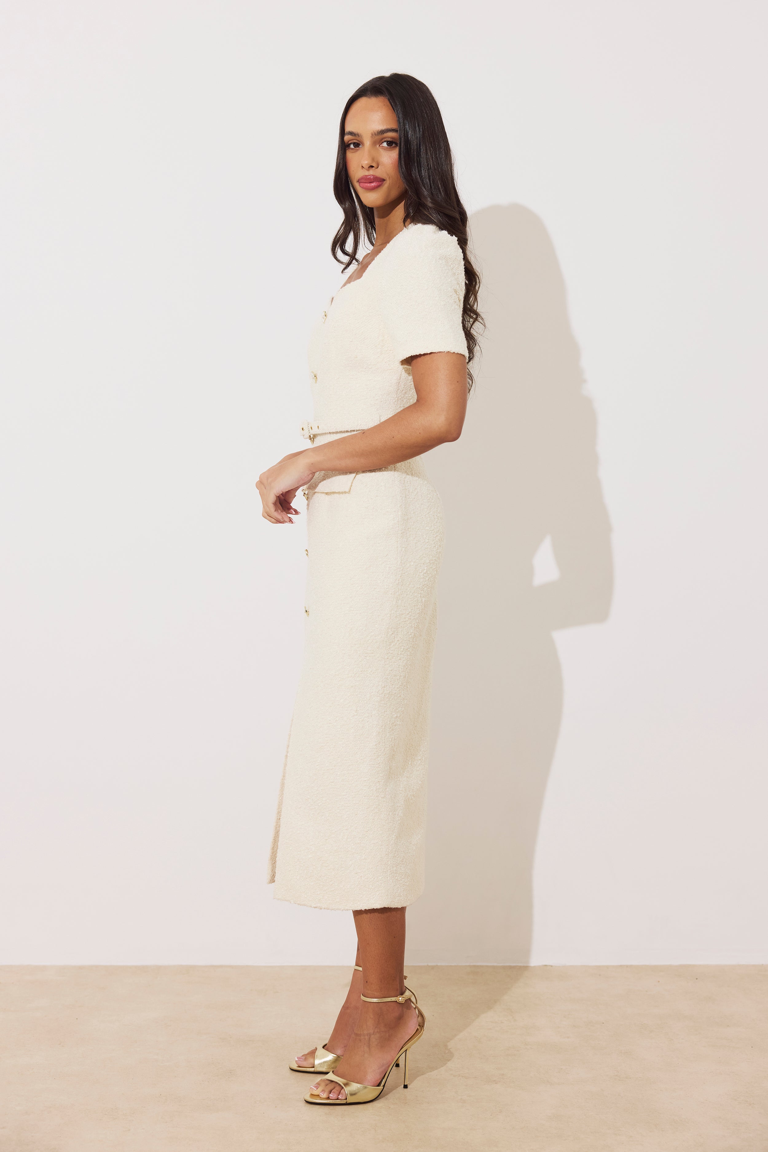 HARRIET TWEED BUTTON FRONT BELTED MIDI - CREAM