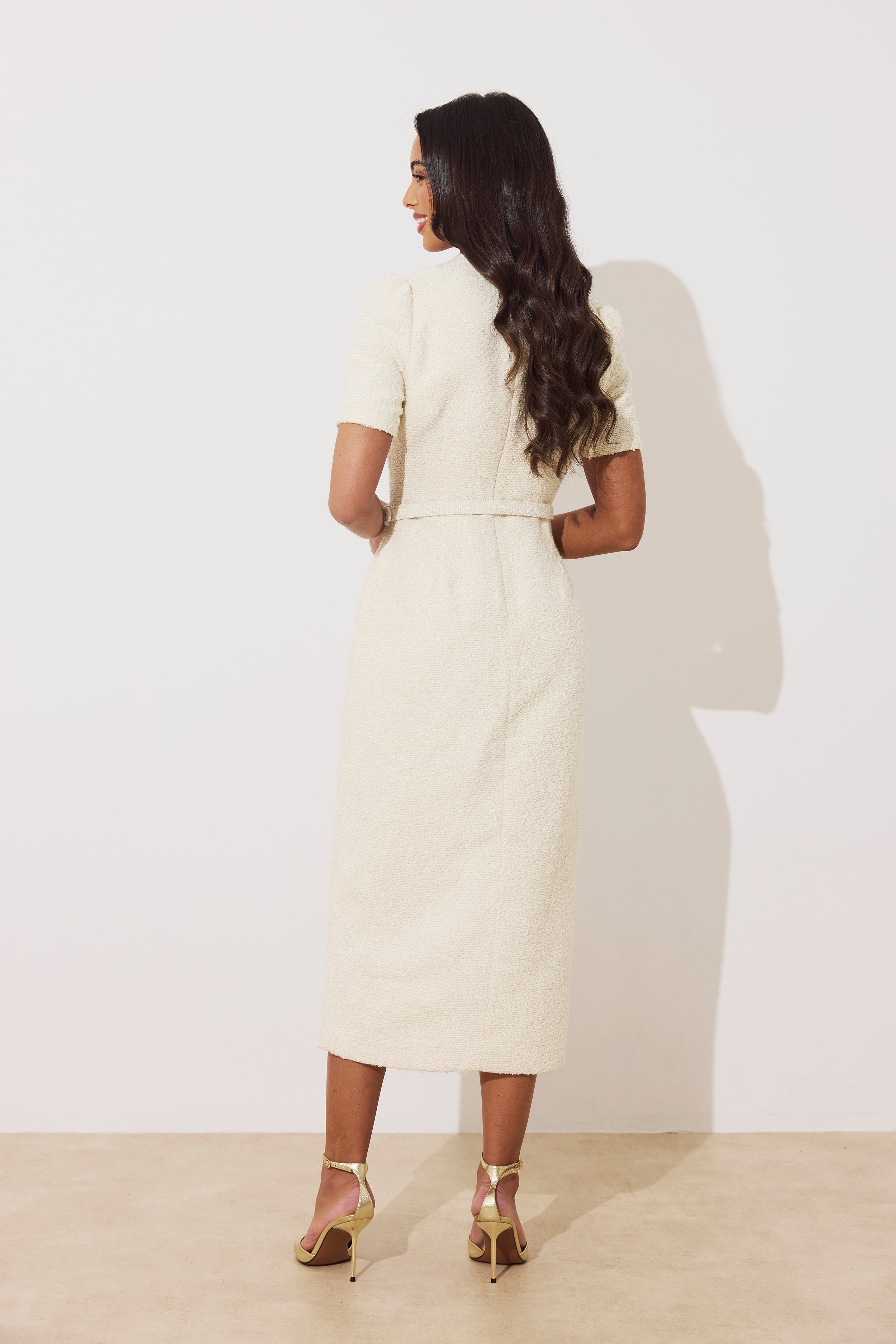 HARRIET TWEED BUTTON FRONT BELTED MIDI - CREAM