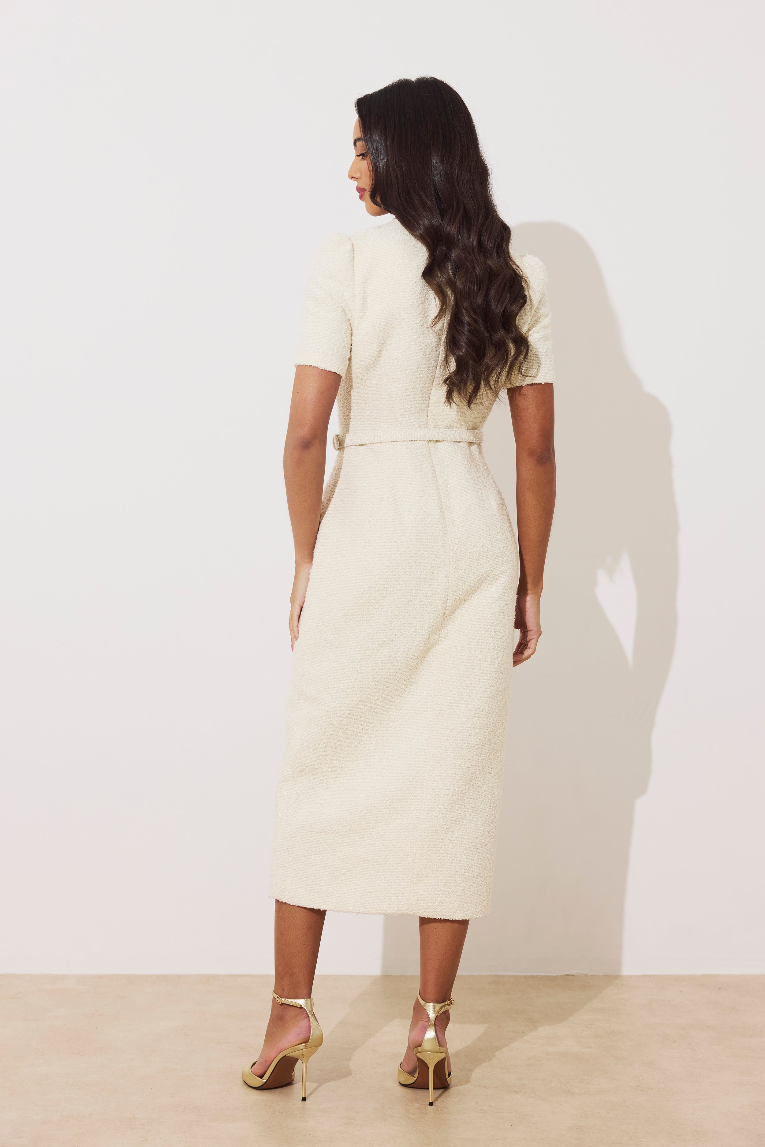 HARRIET TWEED BUTTON FRONT BELTED MIDI - CREAM
