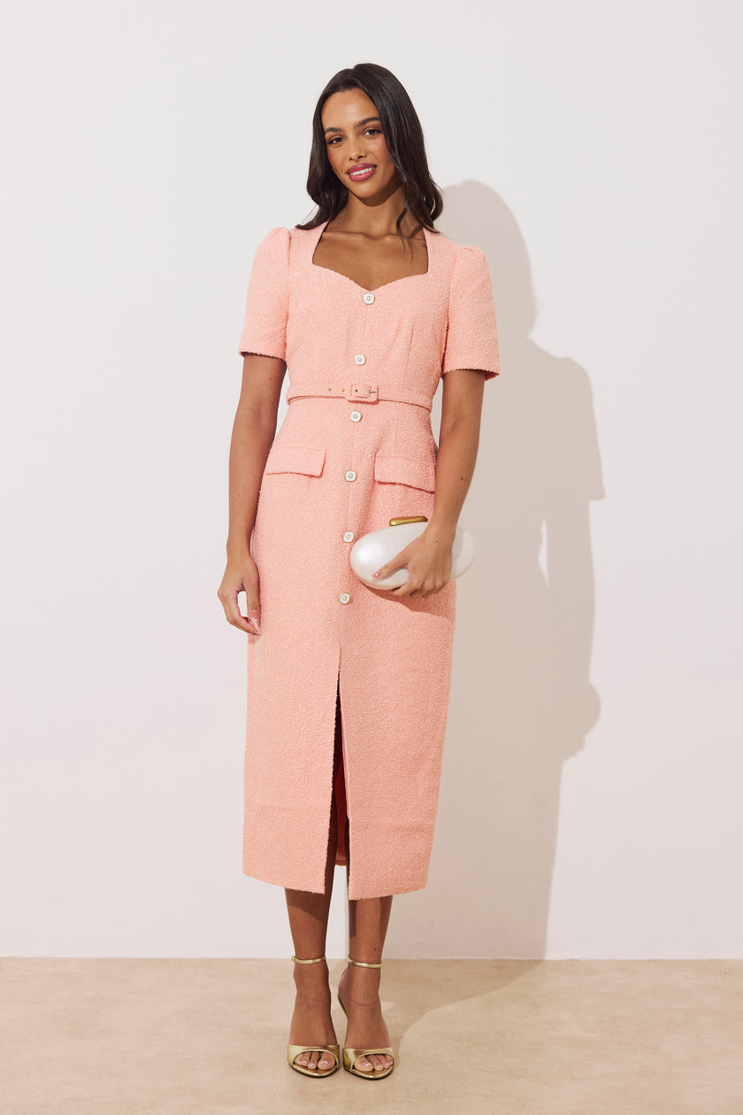 HARRIET TWEED BUTTON FRONT BELTED MIDI - PEACH