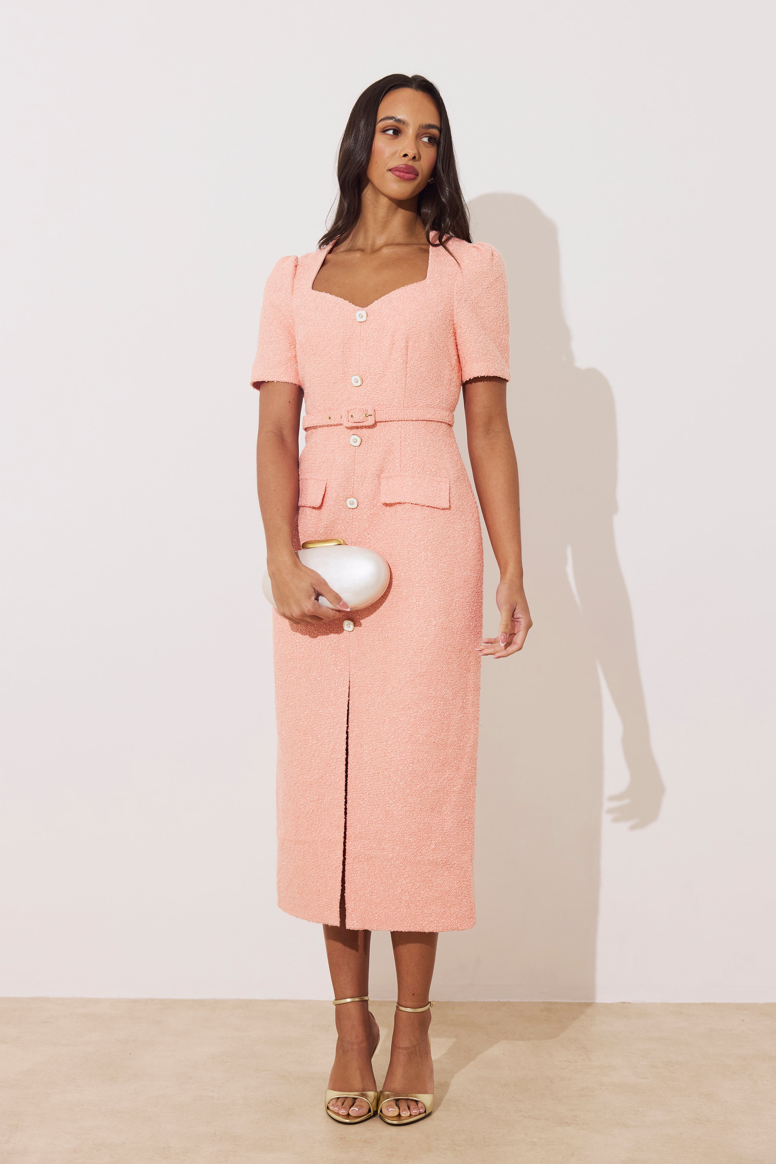 HARRIET TWEED BUTTON FRONT BELTED MIDI - PEACH