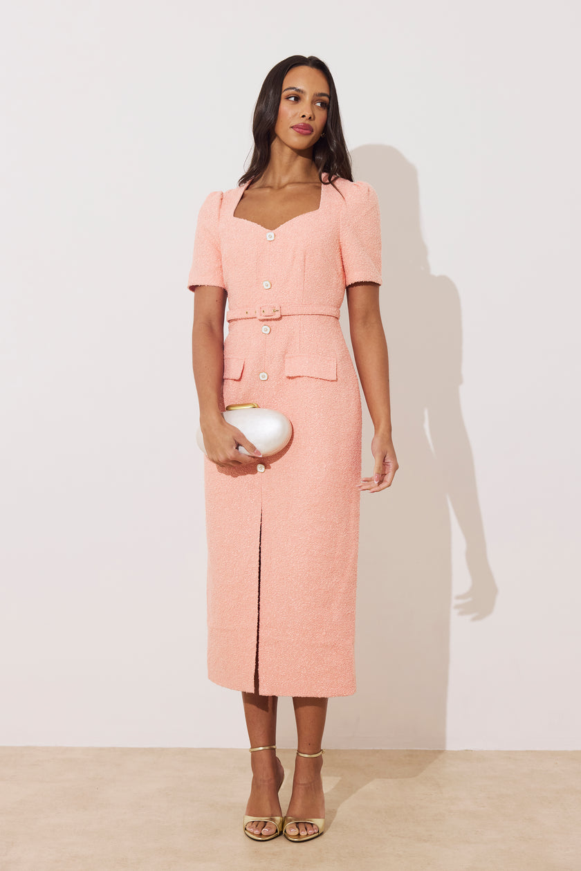 HARRIET TWEED BUTTON FRONT BELTED MIDI - PEACH