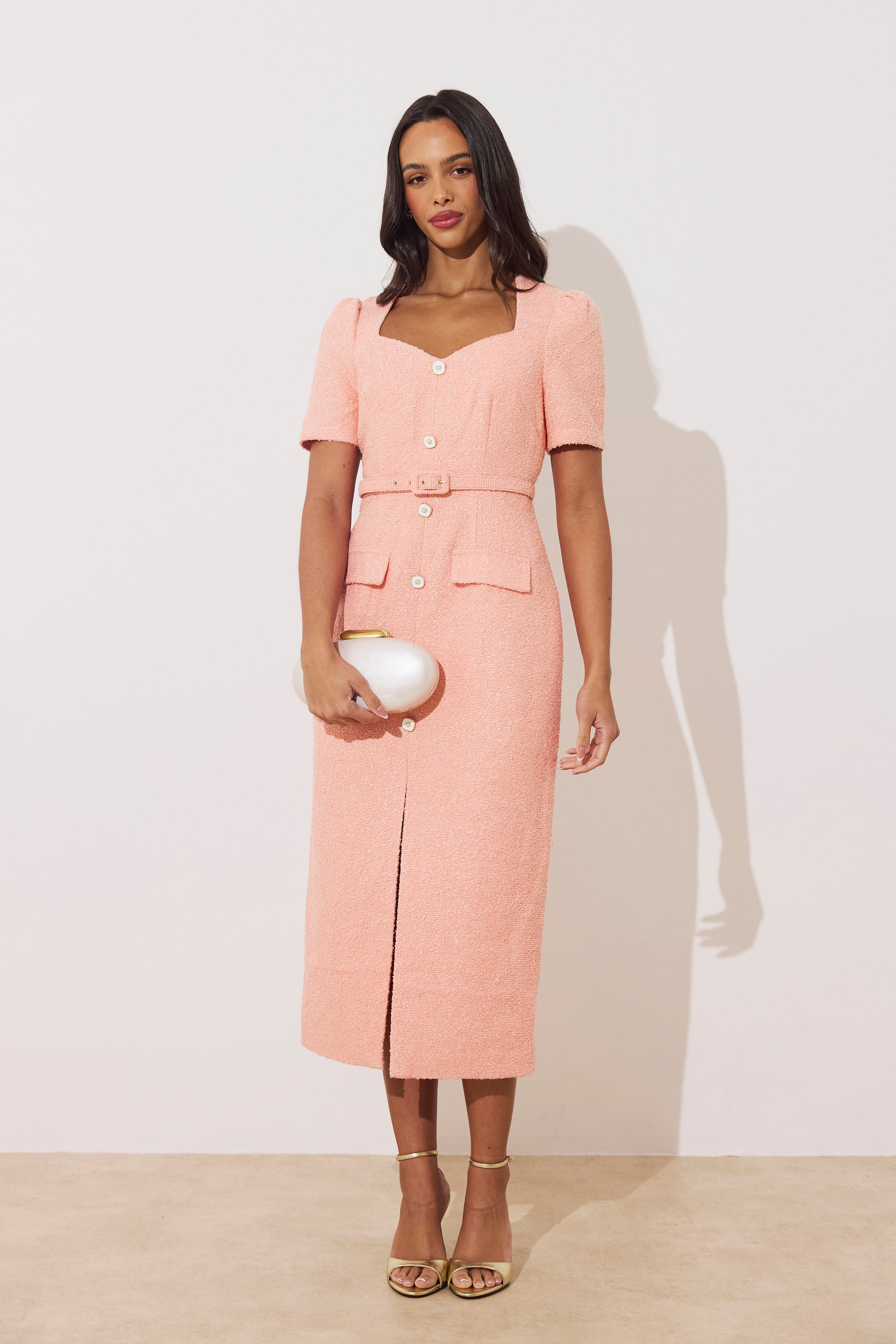 HARRIET TWEED BUTTON FRONT BELTED MIDI - PEACH