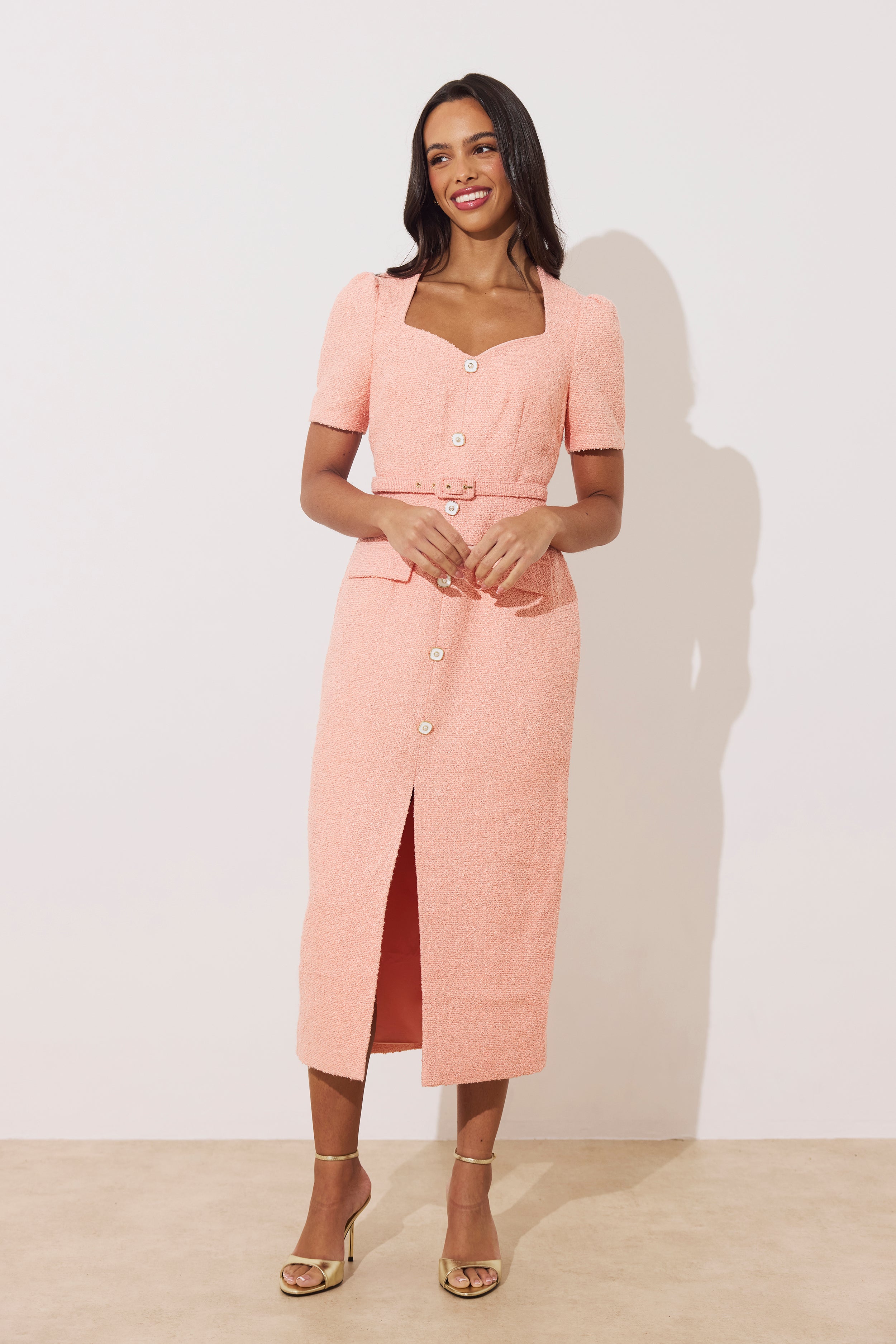 HARRIET TWEED BUTTON FRONT BELTED MIDI - PEACH