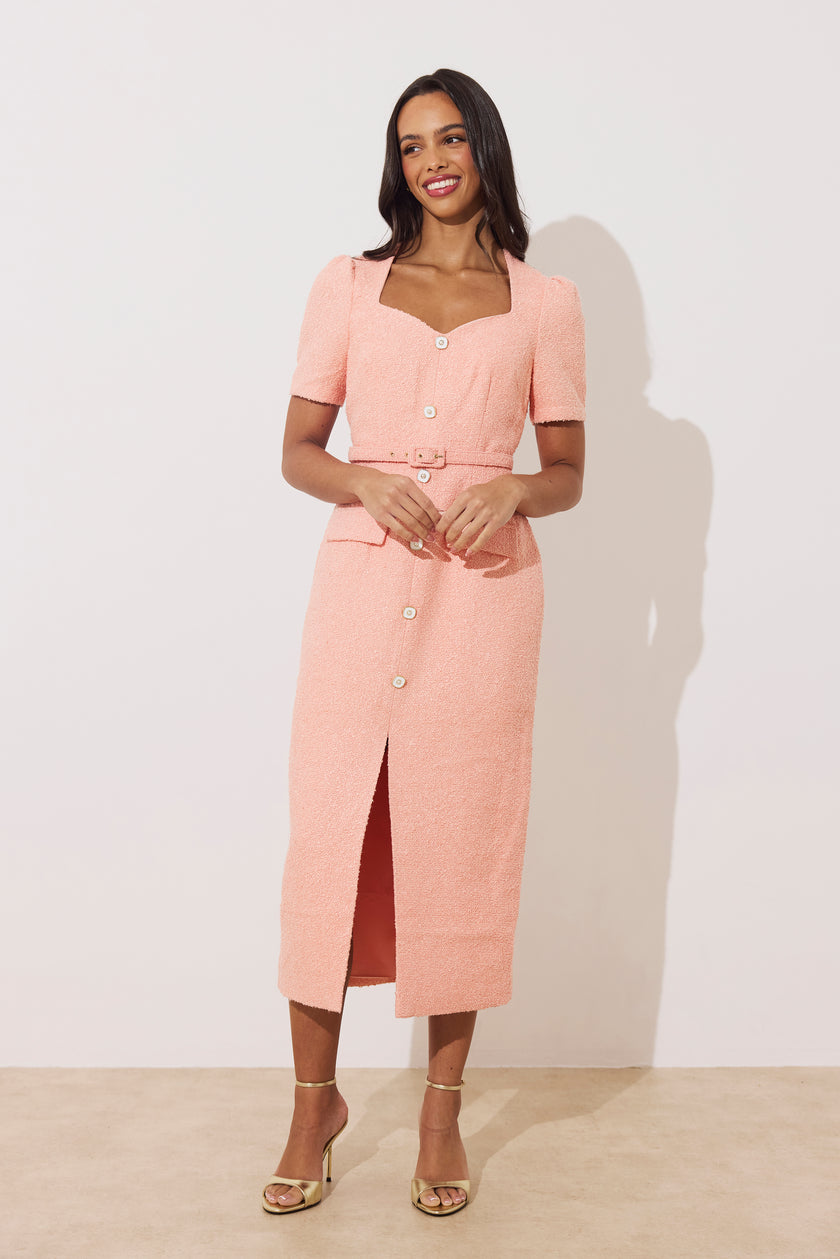 HARRIET TWEED BUTTON FRONT BELTED MIDI - PEACH