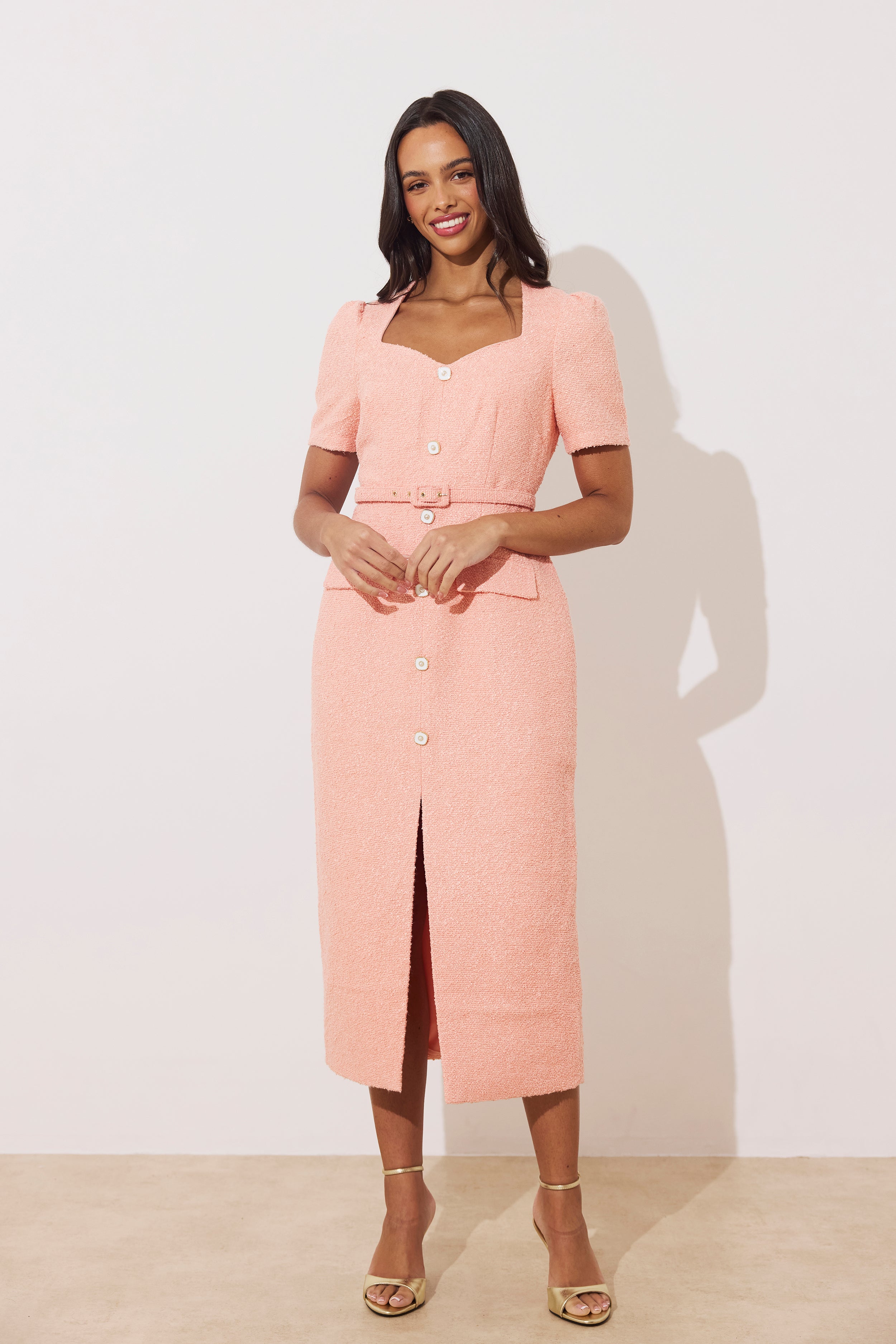 HARRIET TWEED BUTTON FRONT BELTED MIDI - PEACH