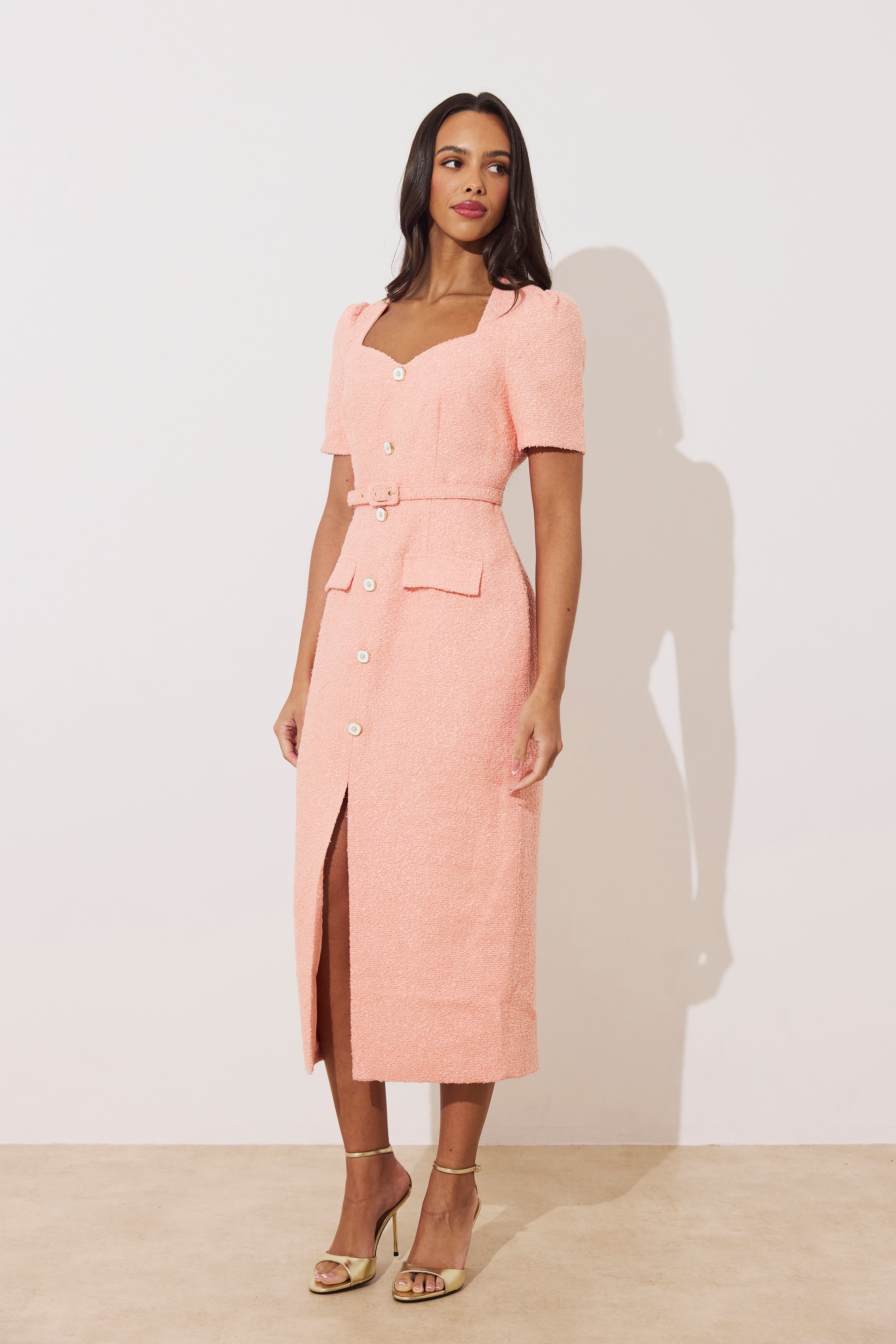 HARRIET TWEED BUTTON FRONT BELTED MIDI - PEACH