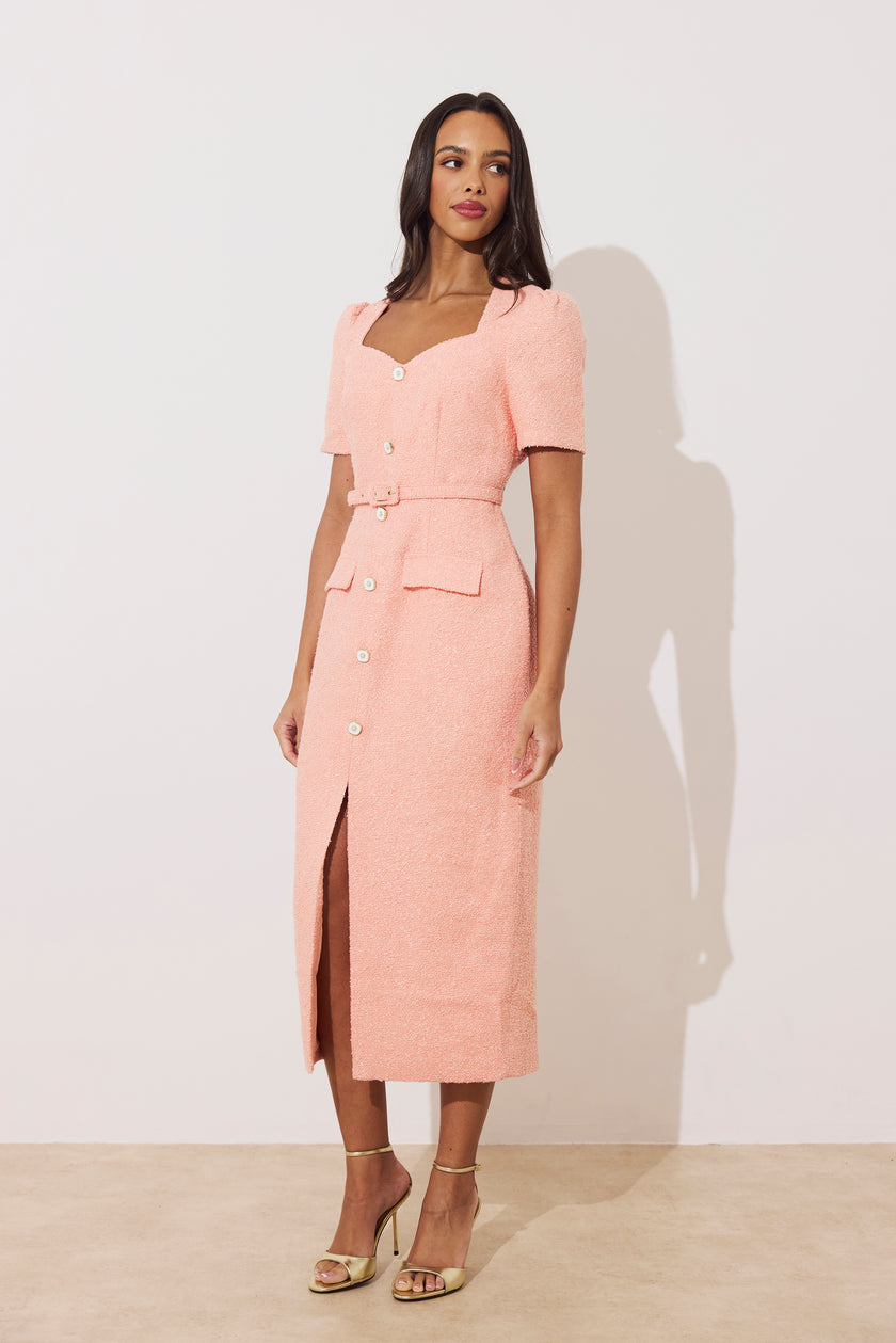 HARRIET TWEED BUTTON FRONT BELTED MIDI - PEACH