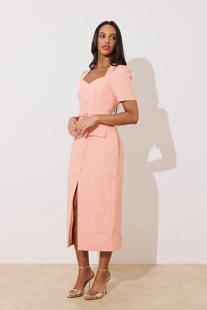 HARRIET TWEED BUTTON FRONT BELTED MIDI - PEACH