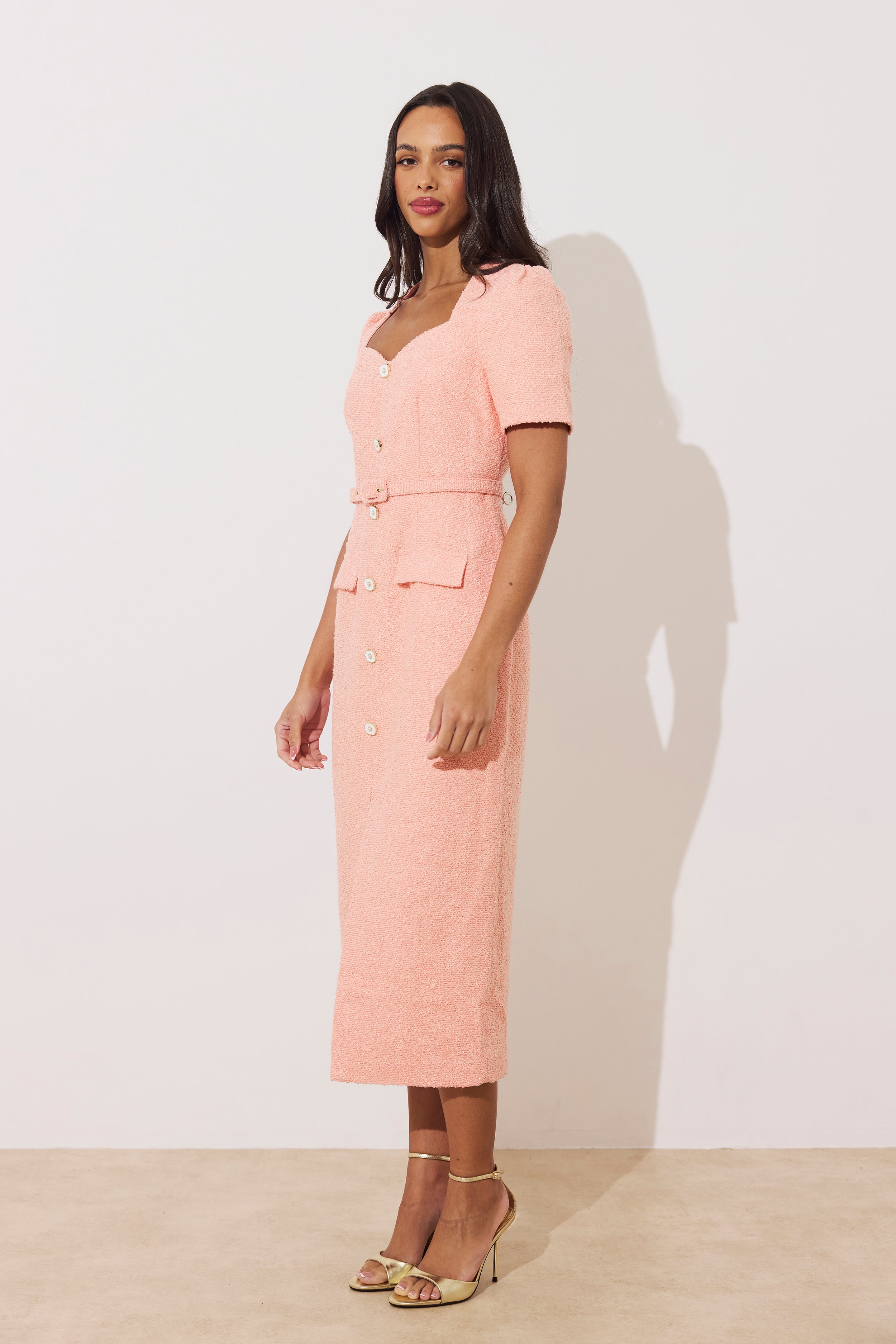 HARRIET TWEED BUTTON FRONT BELTED MIDI - PEACH