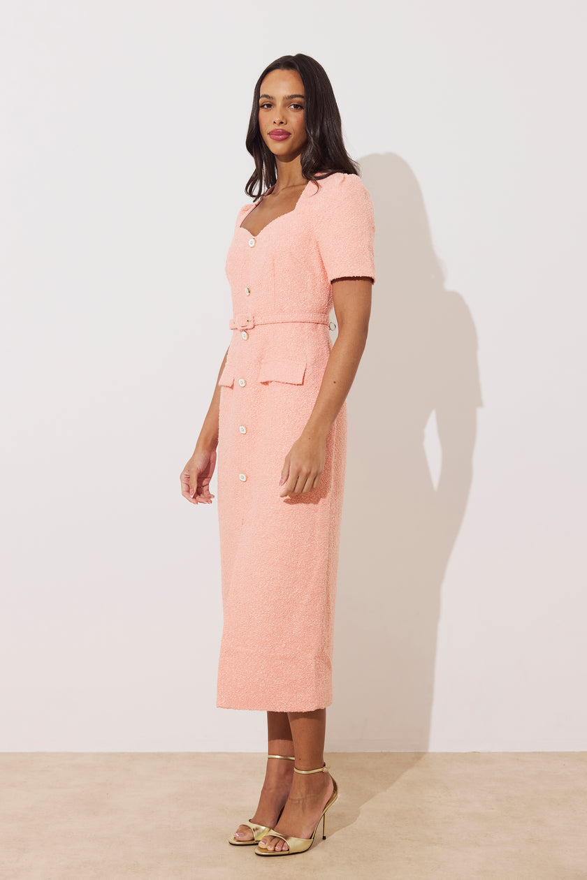 HARRIET TWEED BUTTON FRONT BELTED MIDI - PEACH
