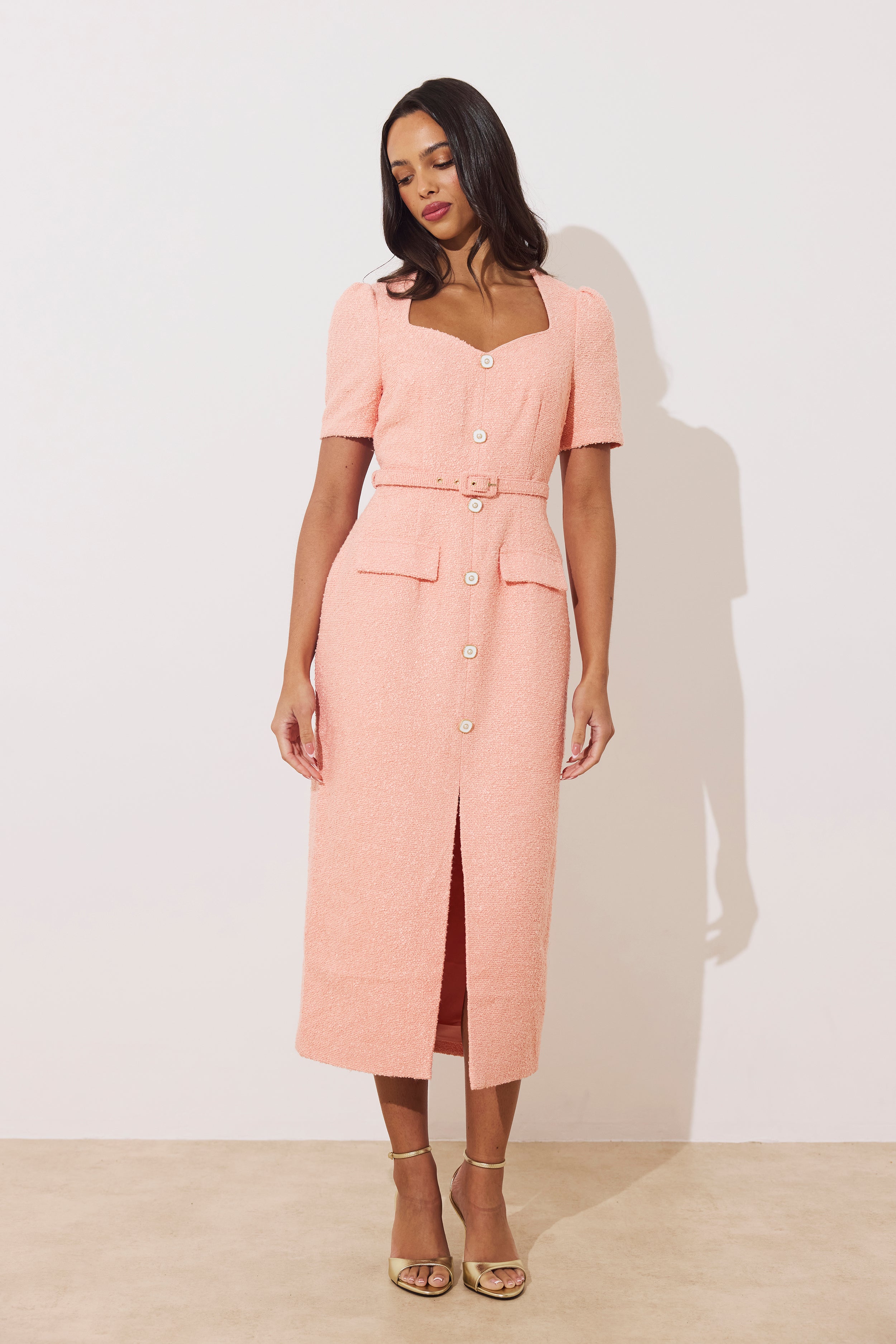 HARRIET TWEED BUTTON FRONT BELTED MIDI - PEACH