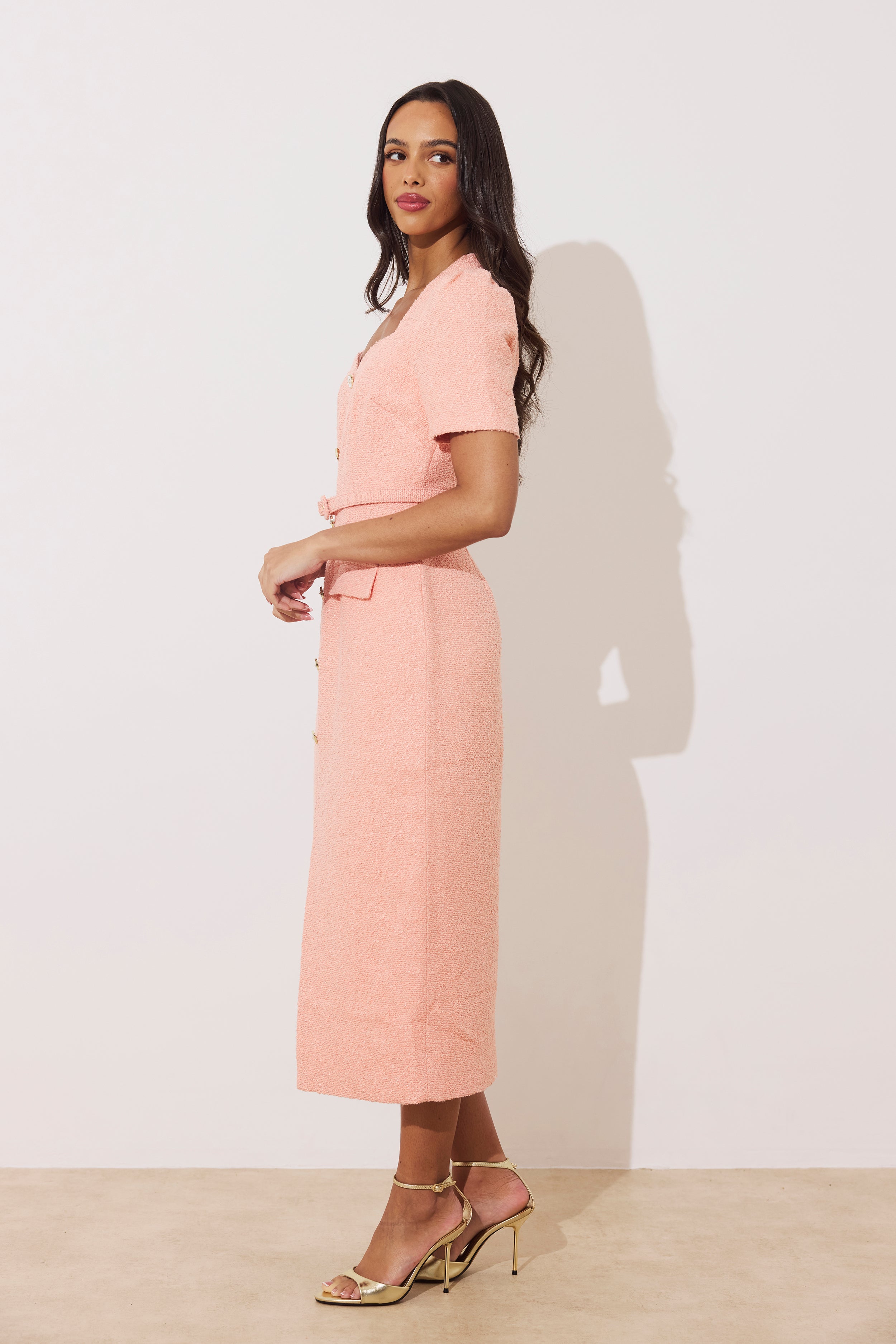 HARRIET TWEED BUTTON FRONT BELTED MIDI - PEACH