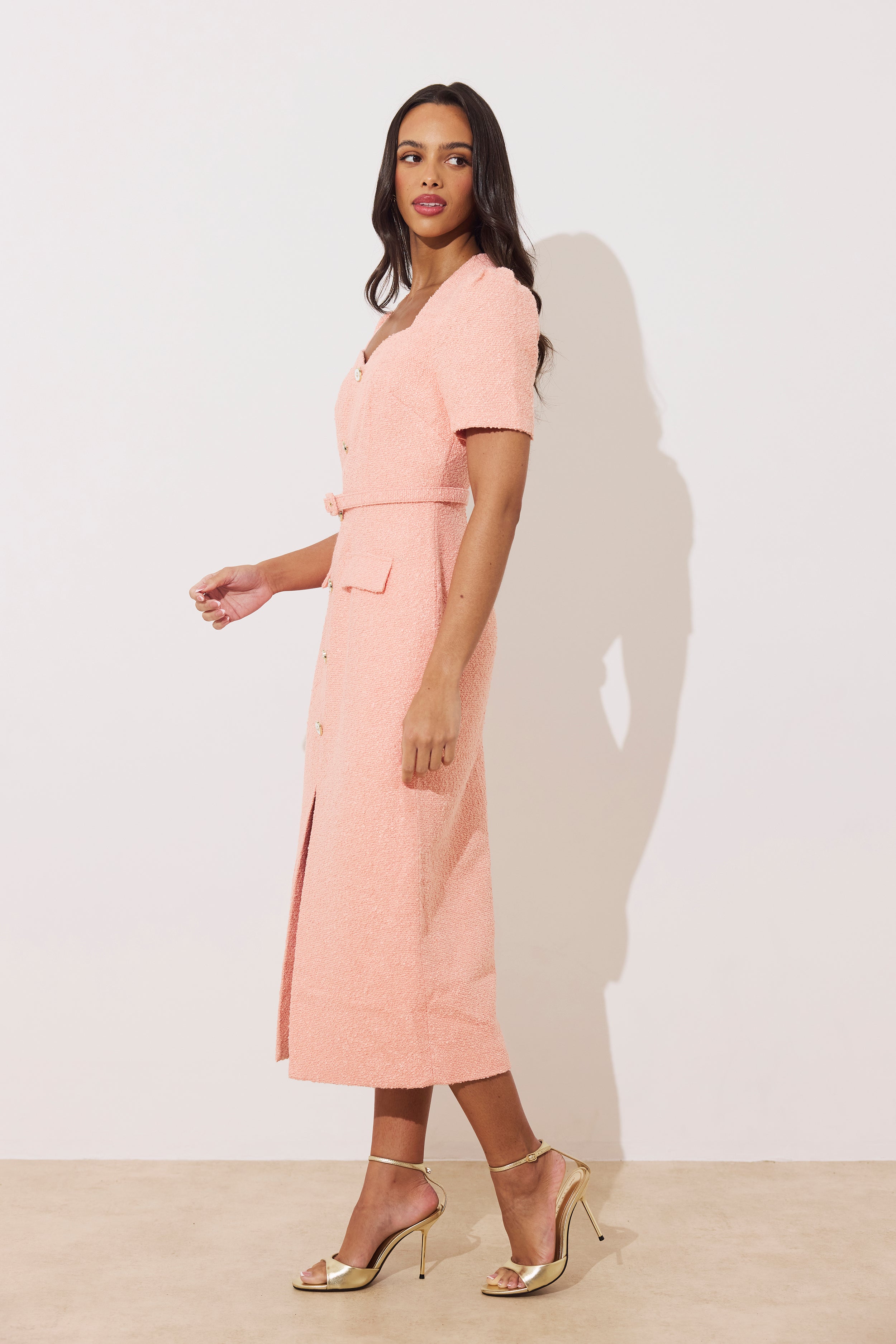 HARRIET TWEED BUTTON FRONT BELTED MIDI - PEACH