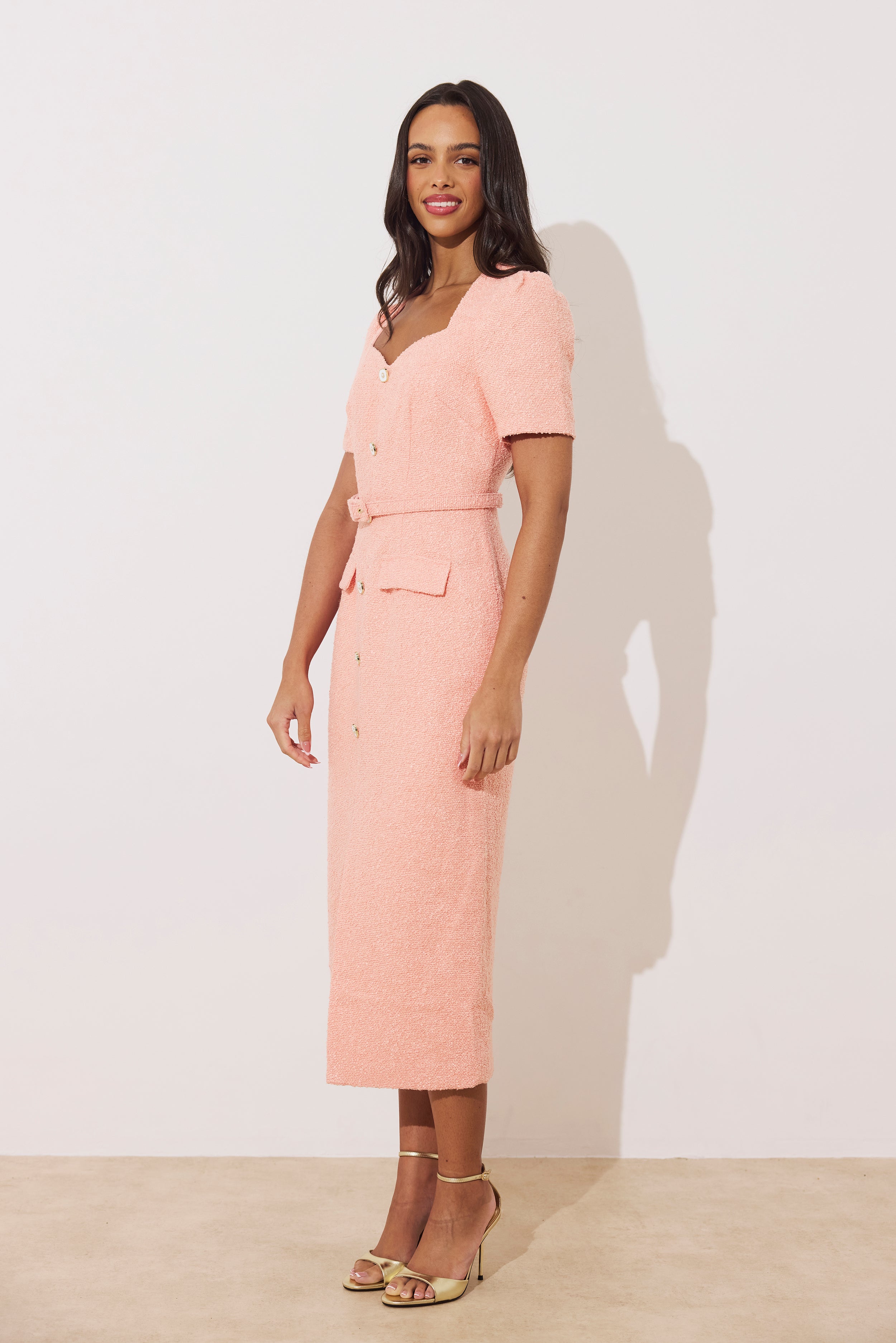 HARRIET TWEED BUTTON FRONT BELTED MIDI - PEACH