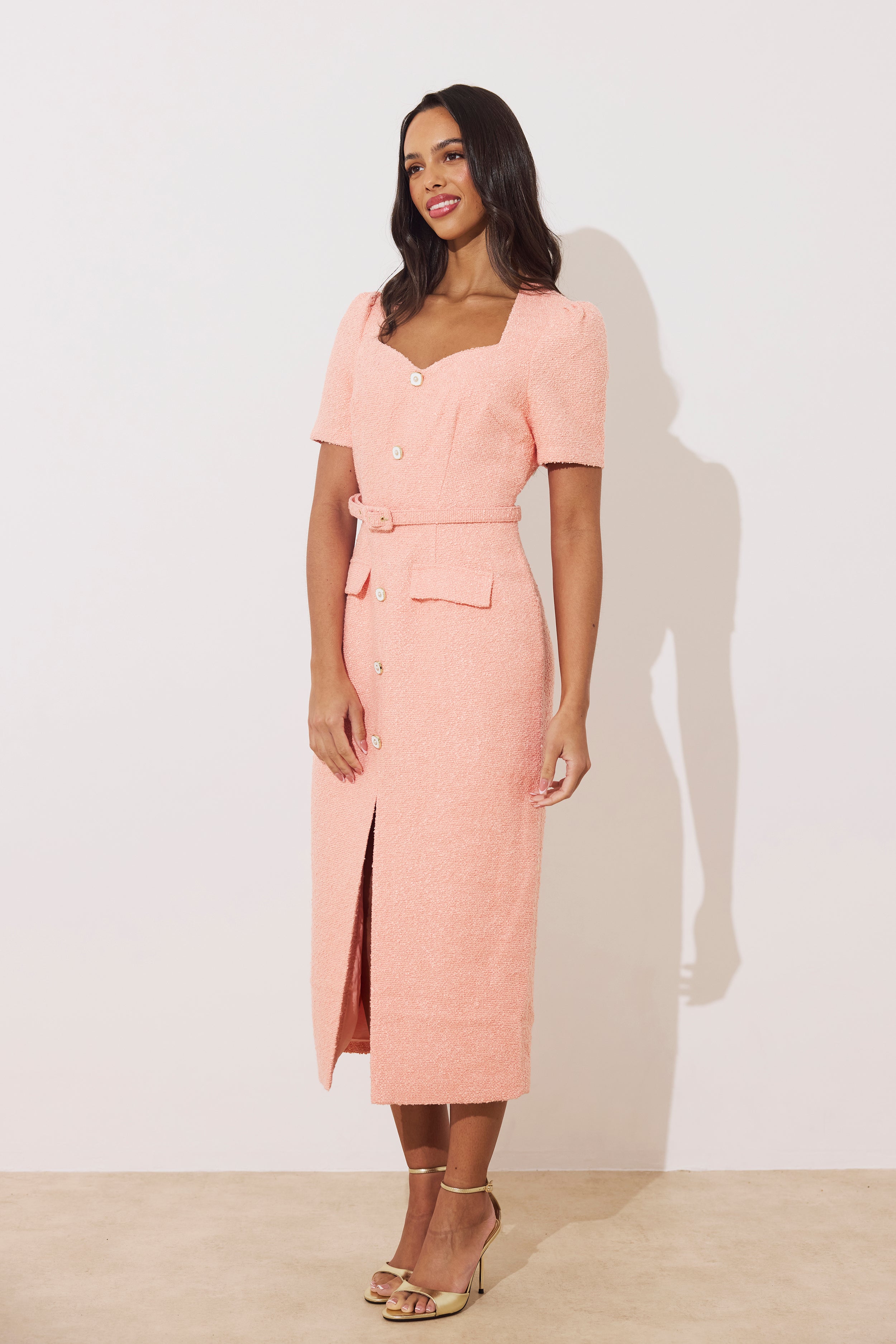 HARRIET TWEED BUTTON FRONT BELTED MIDI - PEACH