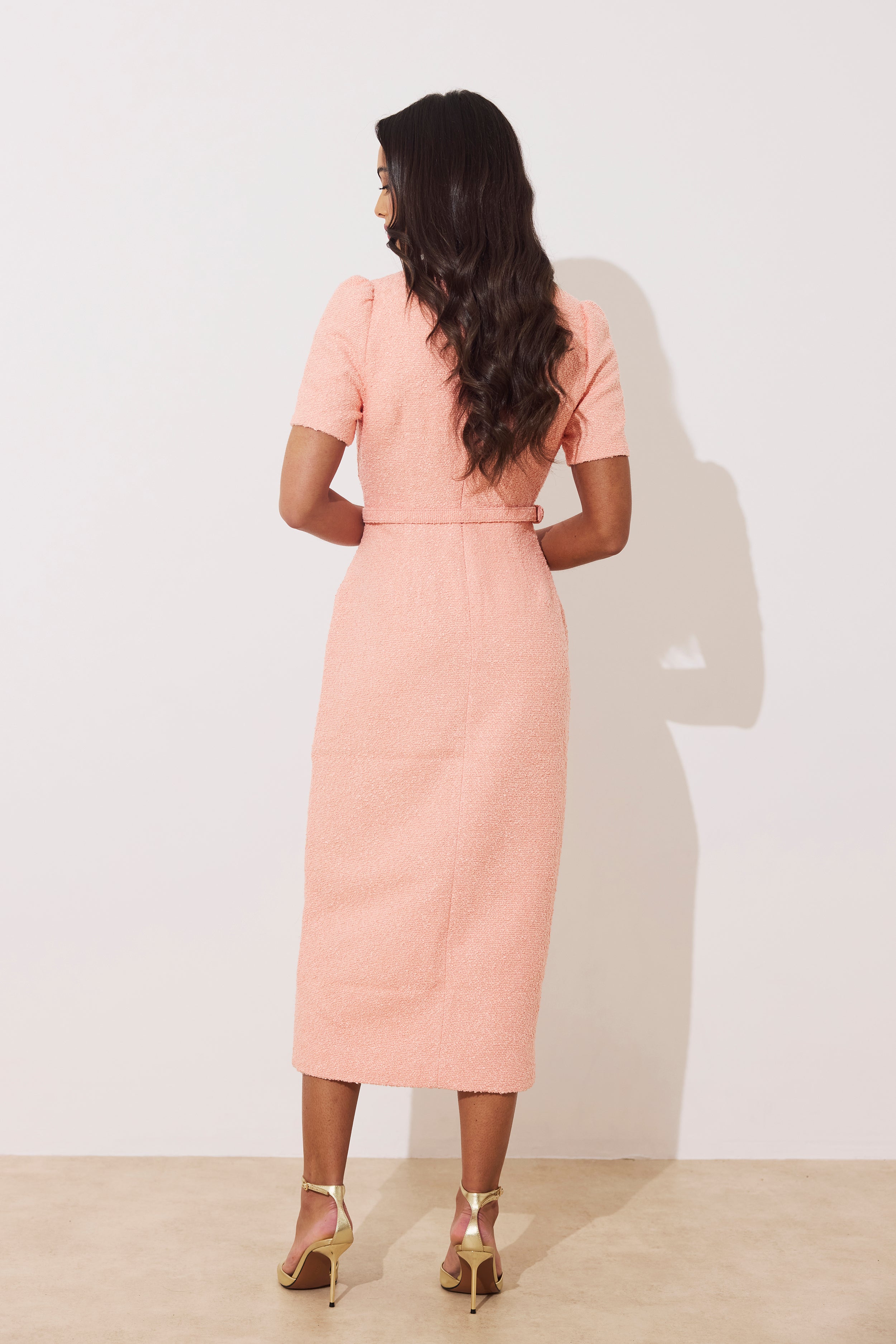 HARRIET TWEED BUTTON FRONT BELTED MIDI - PEACH