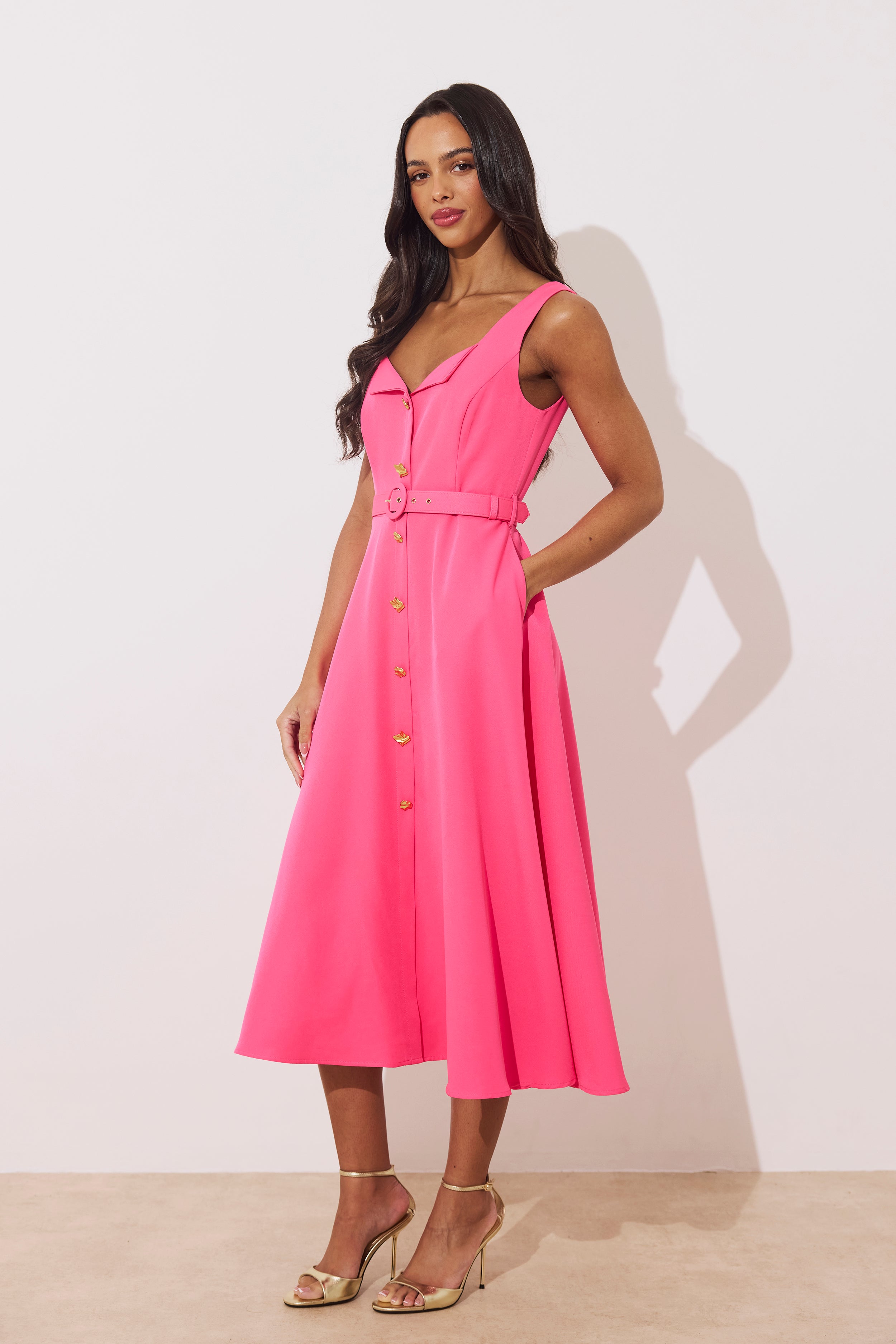 SAFFIRA BELTED FULL SKIRT MIDI DRESS - FUSCIA PINK