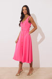 SAFFIRA BELTED FULL SKIRT MIDI DRESS - FUSCIA PINK