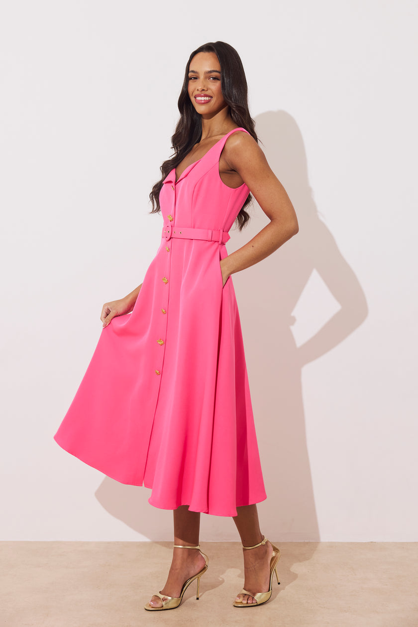 SAFFIRA BELTED FULL SKIRT MIDI DRESS - FUSCIA PINK