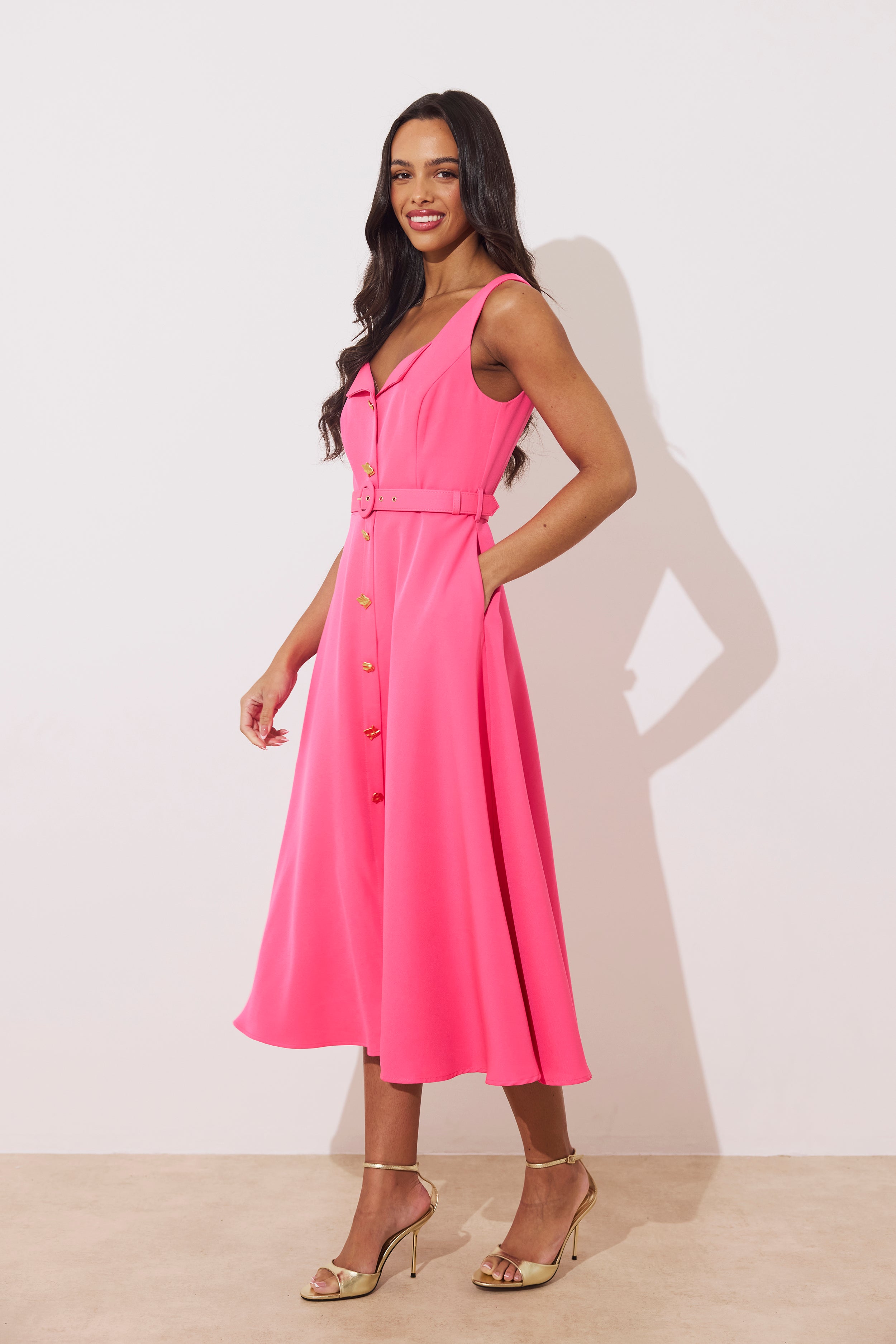 SAFFIRA BELTED FULL SKIRT MIDI DRESS - FUSCIA PINK