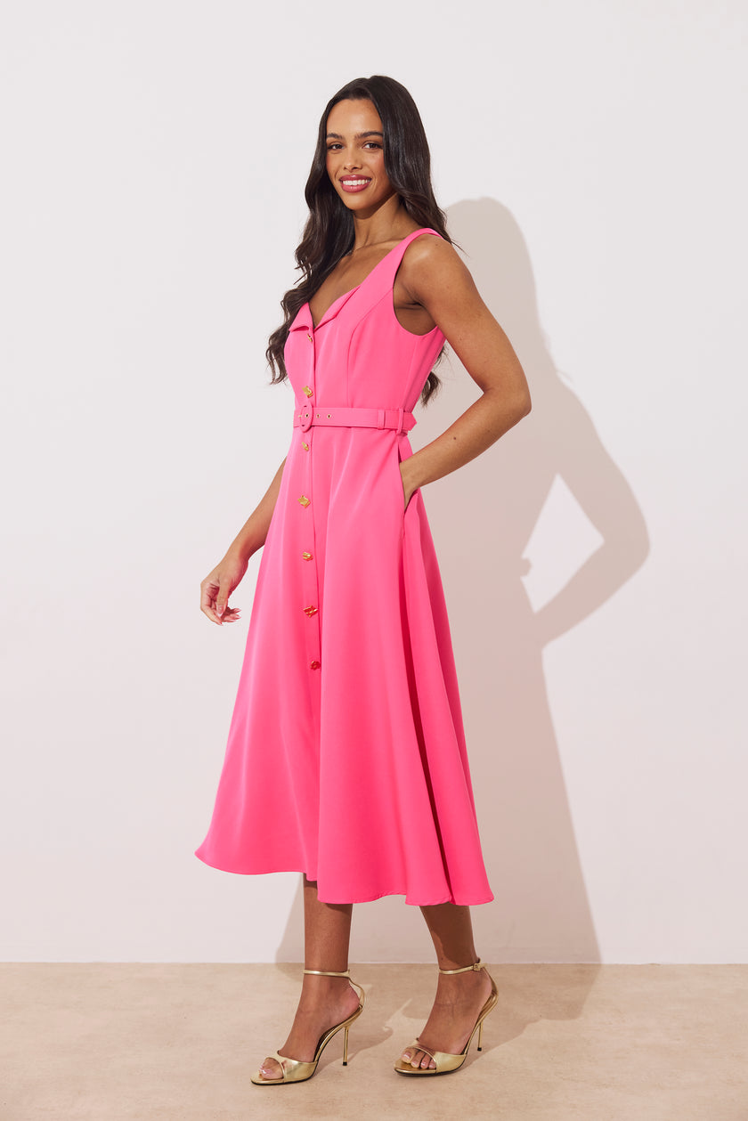 SAFFIRA BELTED FULL SKIRT MIDI DRESS - FUSCIA PINK