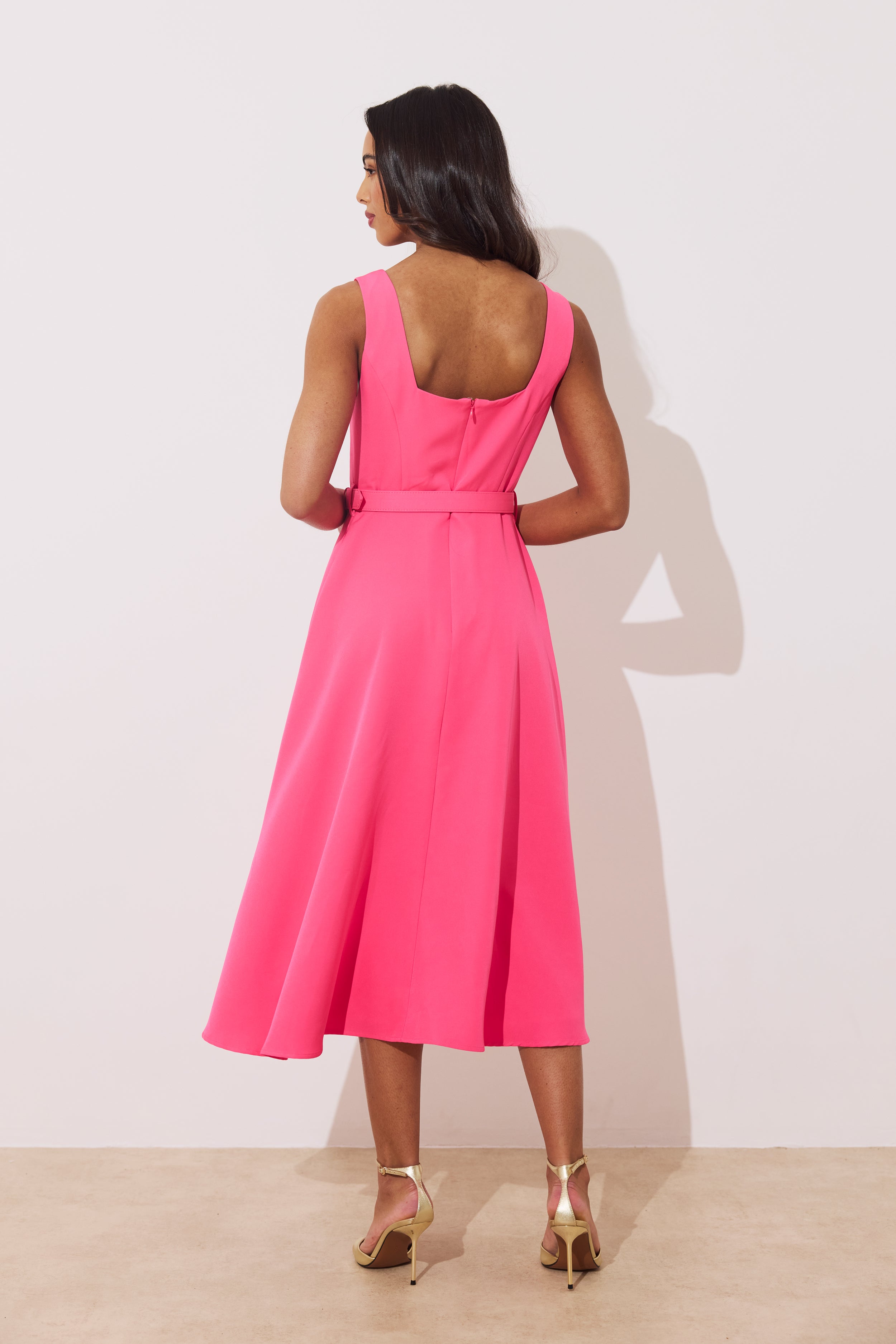 SAFFIRA BELTED FULL SKIRT MIDI DRESS - FUSCIA PINK