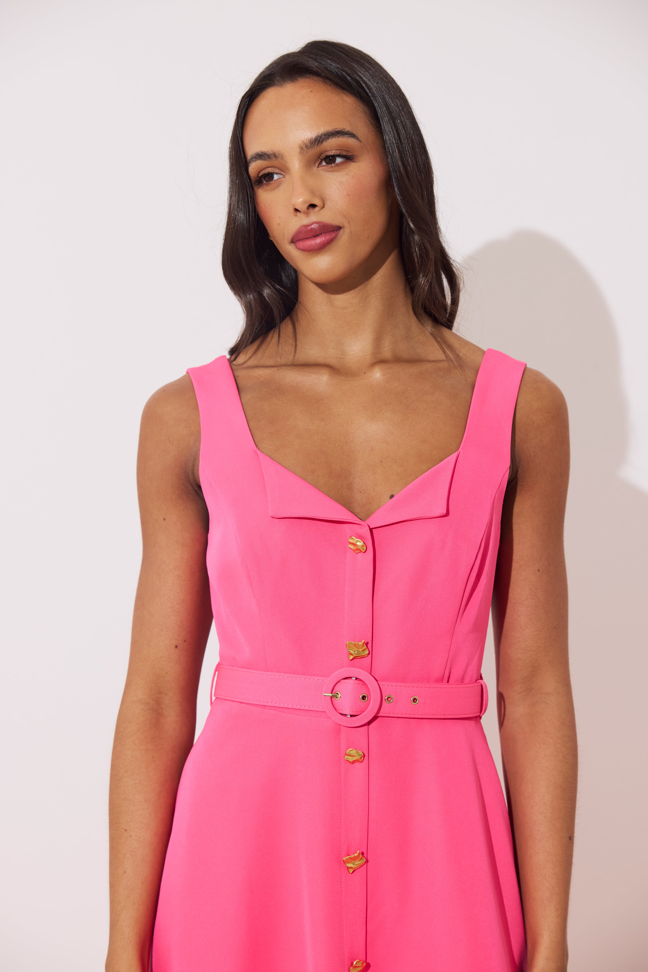 SAFFIRA BELTED FULL SKIRT MIDI DRESS - FUSCIA PINK