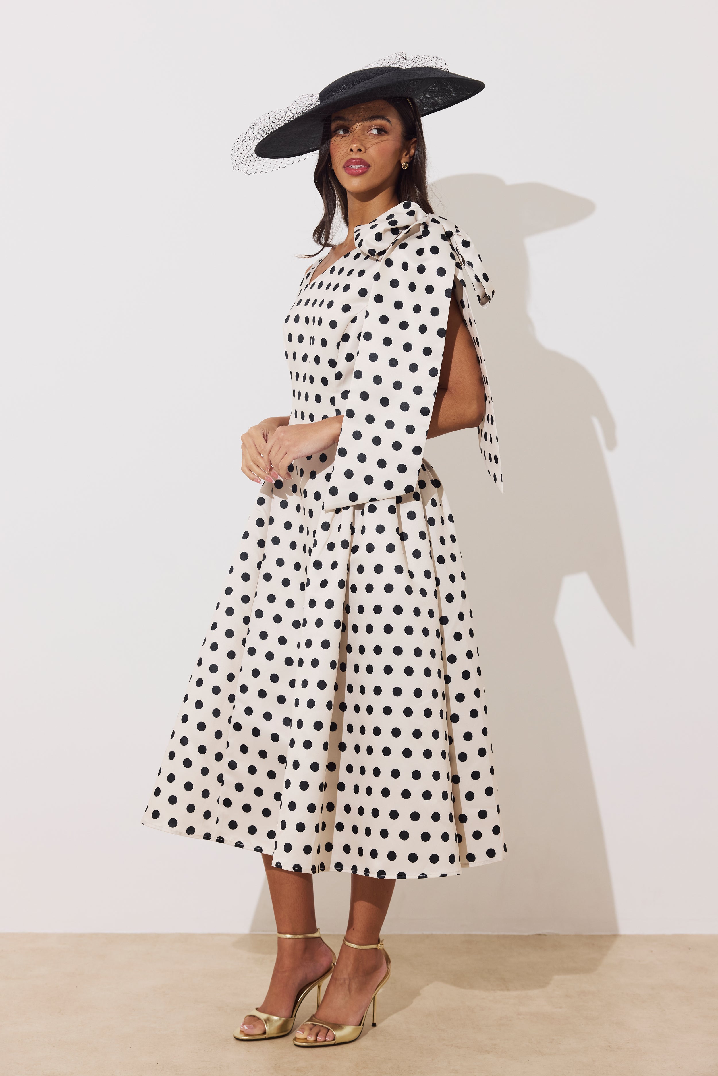 BEATRICE POLKA DOT BOW DRESS - CHAMPAGNE BLACK