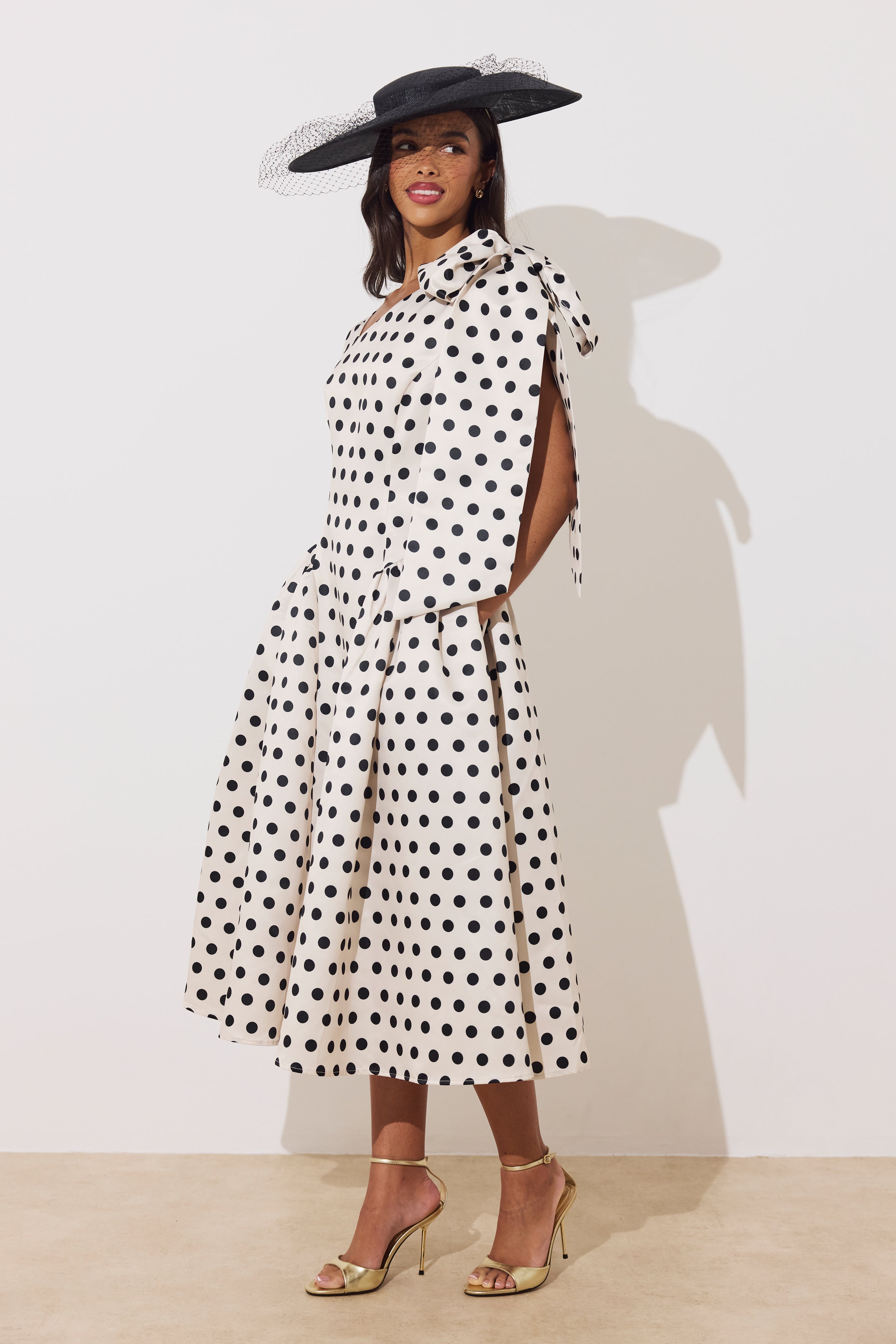 BEATRICE POLKA DOT BOW DRESS - CHAMPAGNE BLACK