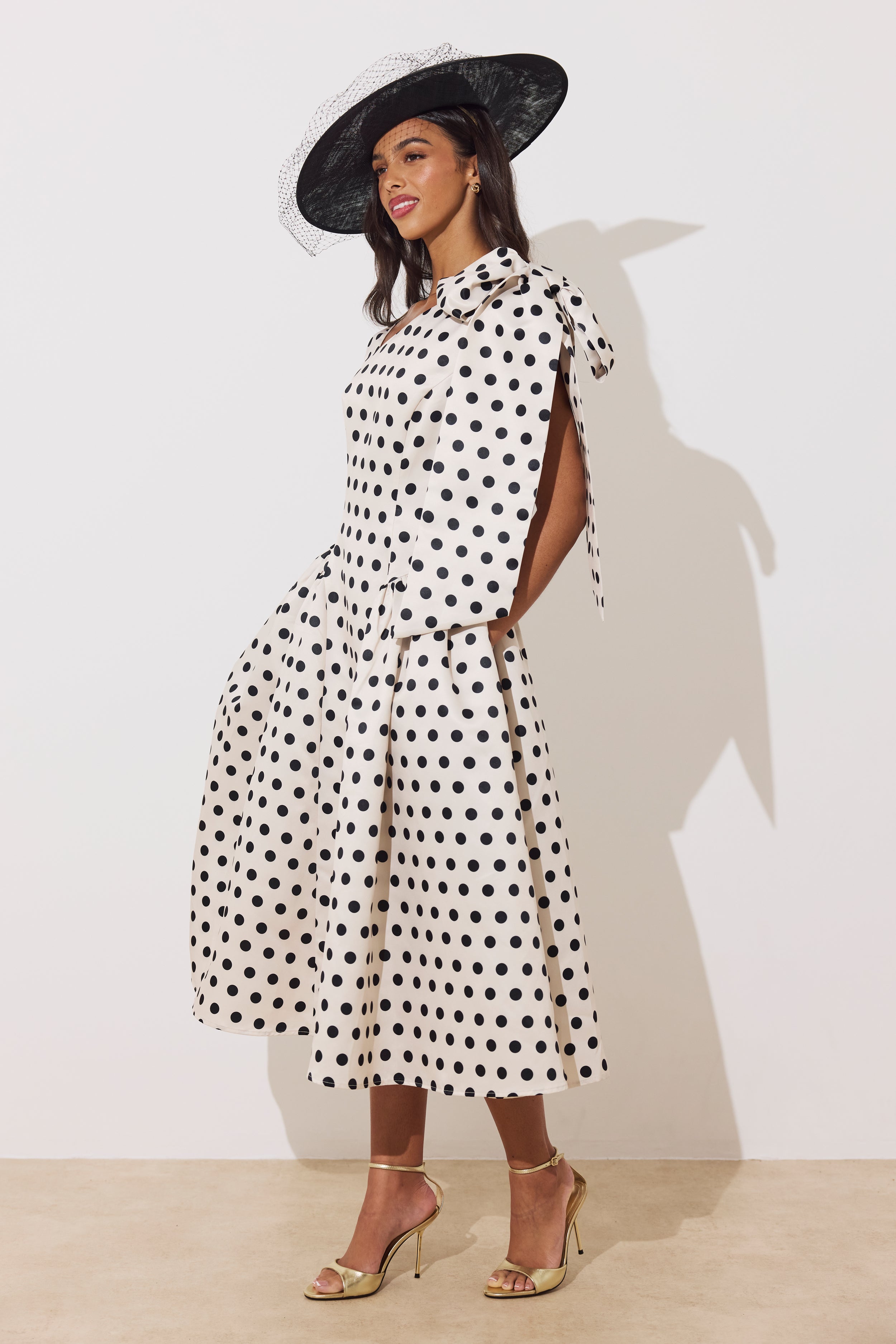 BEATRICE POLKA DOT BOW DRESS - CHAMPAGNE BLACK