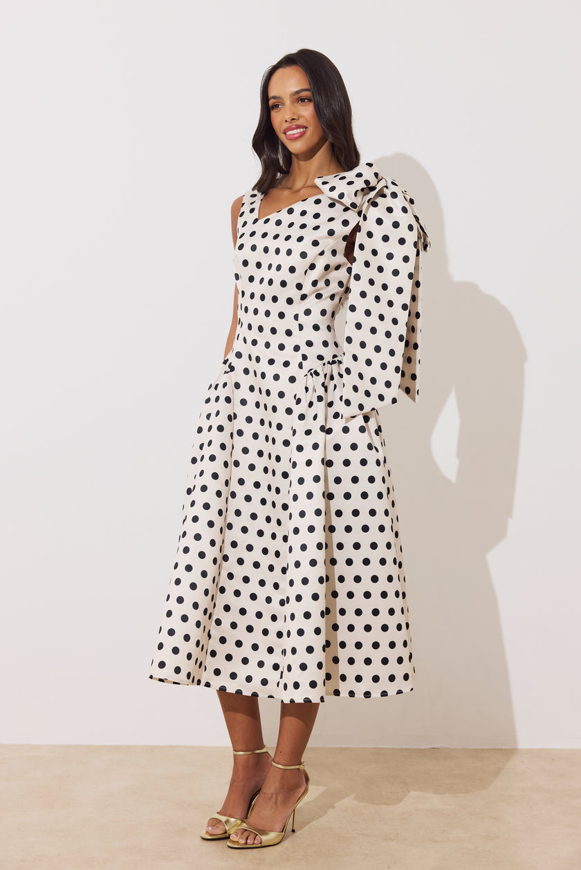 BEATRICE POLKA DOT BOW DRESS - CHAMPAGNE BLACK