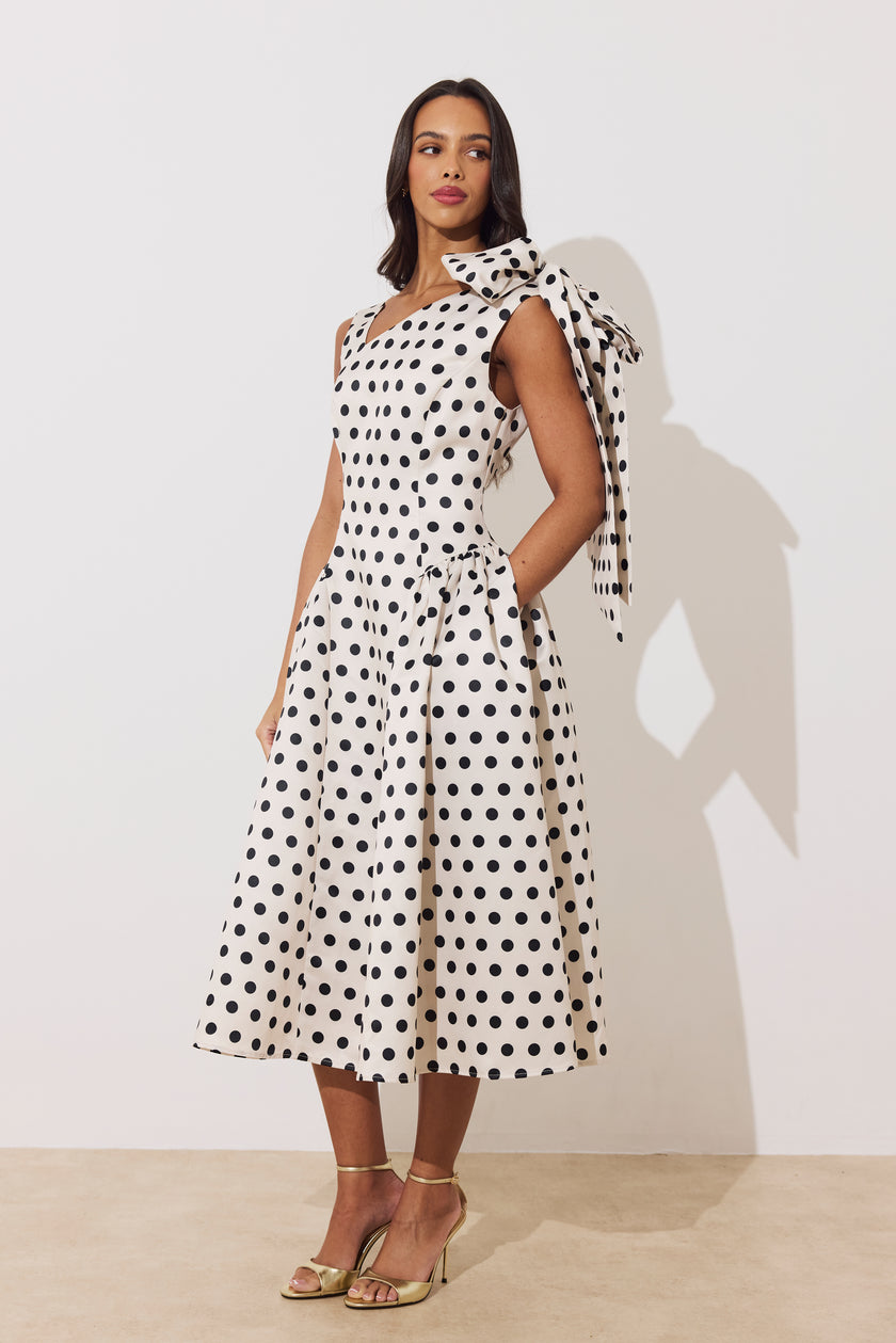 BEATRICE POLKA DOT BOW DRESS - CHAMPAGNE BLACK