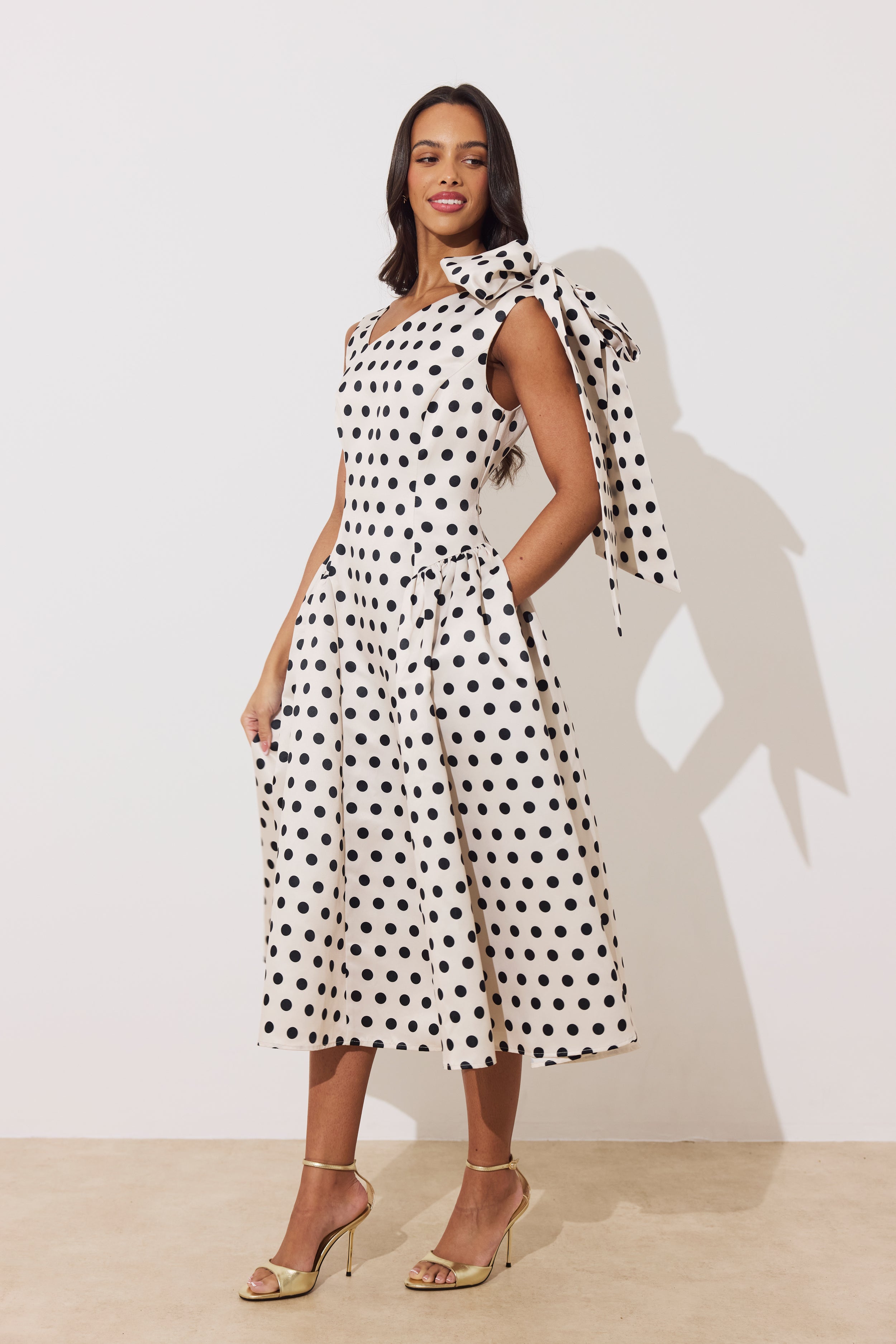 BEATRICE POLKA DOT BOW DRESS - CHAMPAGNE BLACK