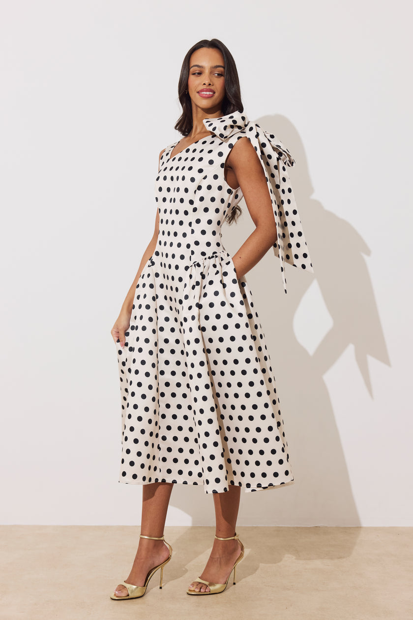 BEATRICE POLKA DOT BOW DRESS - CHAMPAGNE BLACK