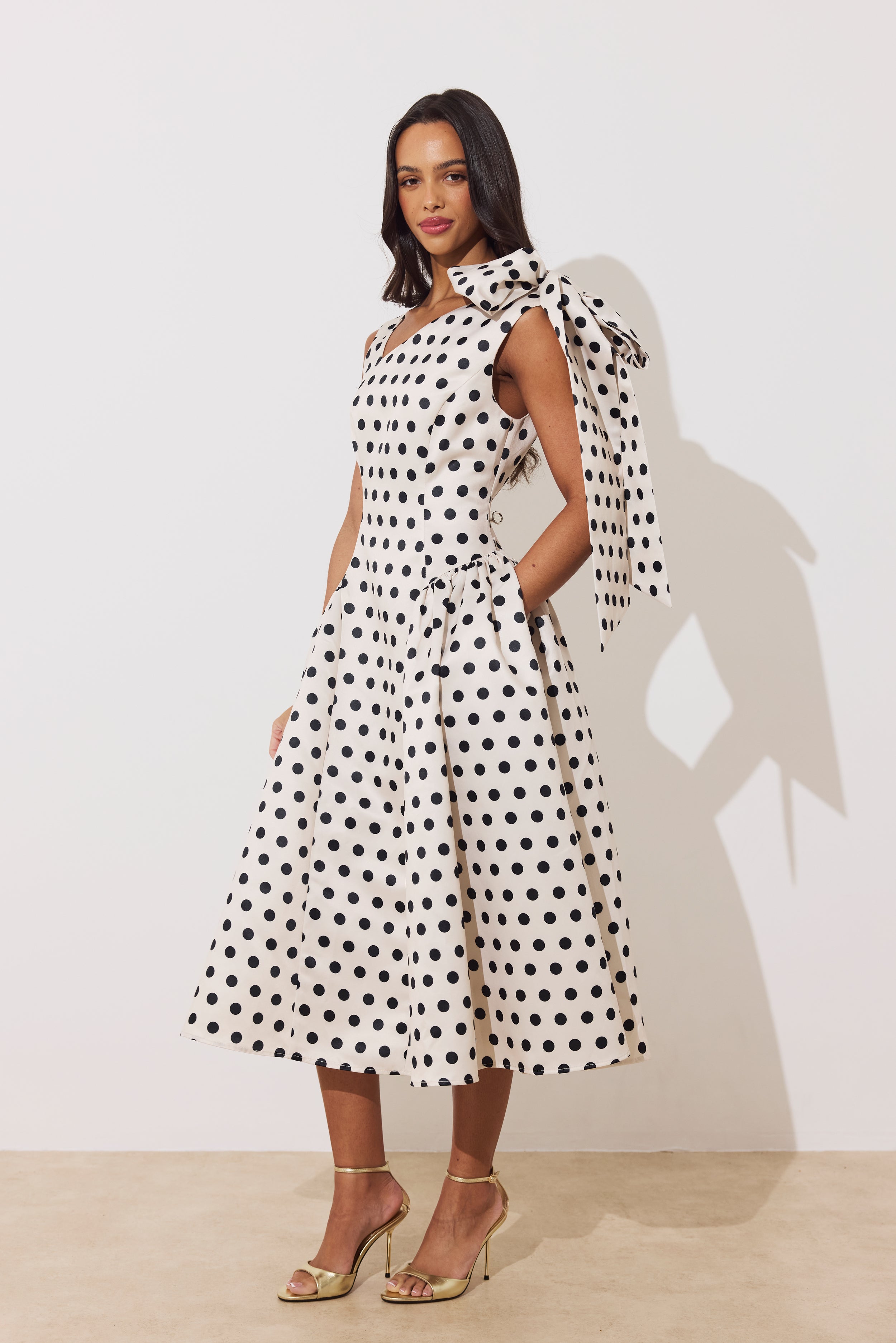 BEATRICE POLKA DOT BOW DRESS - CHAMPAGNE BLACK