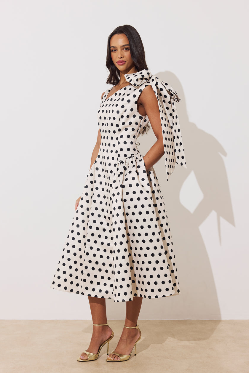 BEATRICE POLKA DOT BOW DRESS - CHAMPAGNE BLACK