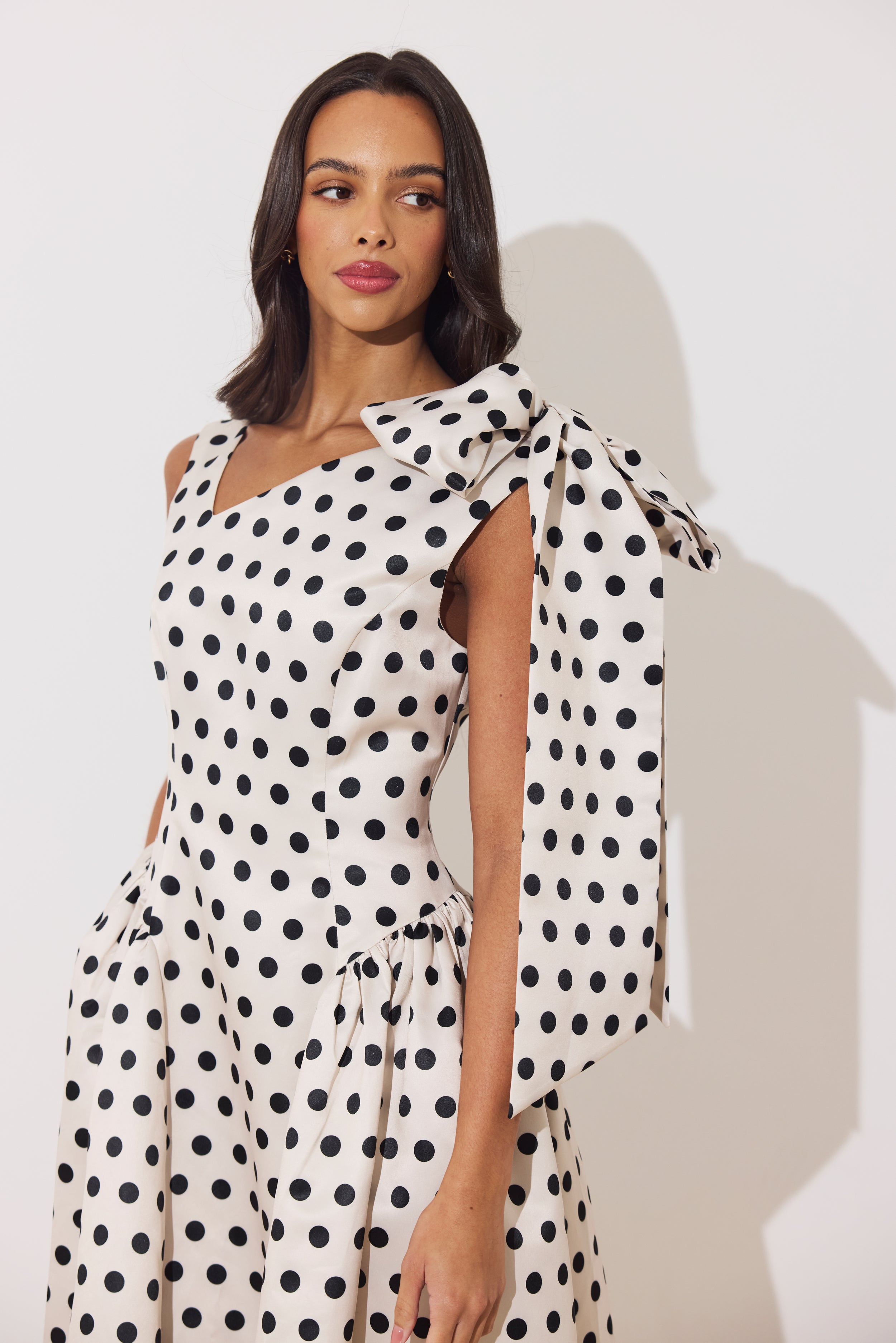 BEATRICE POLKA DOT BOW DRESS - CHAMPAGNE BLACK