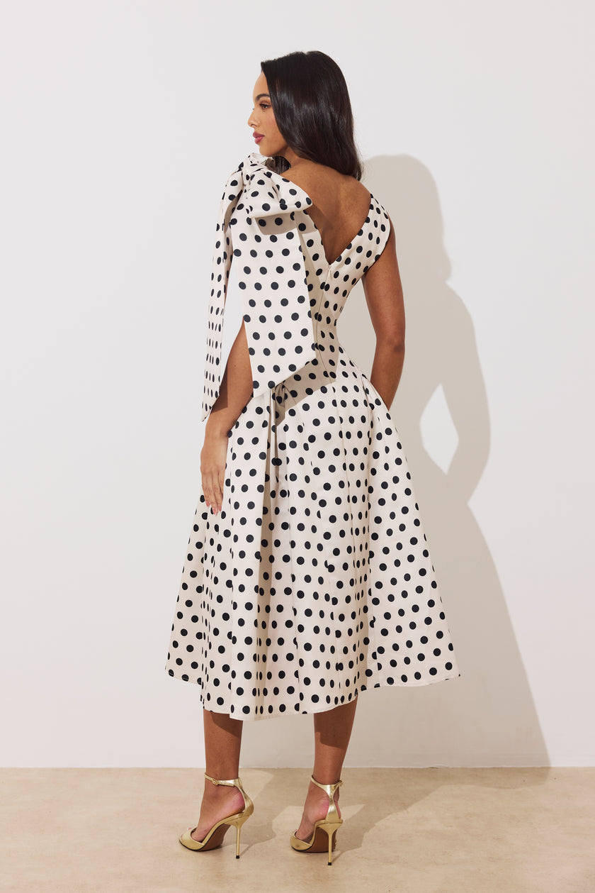 BEATRICE POLKA DOT BOW DRESS - CHAMPAGNE BLACK