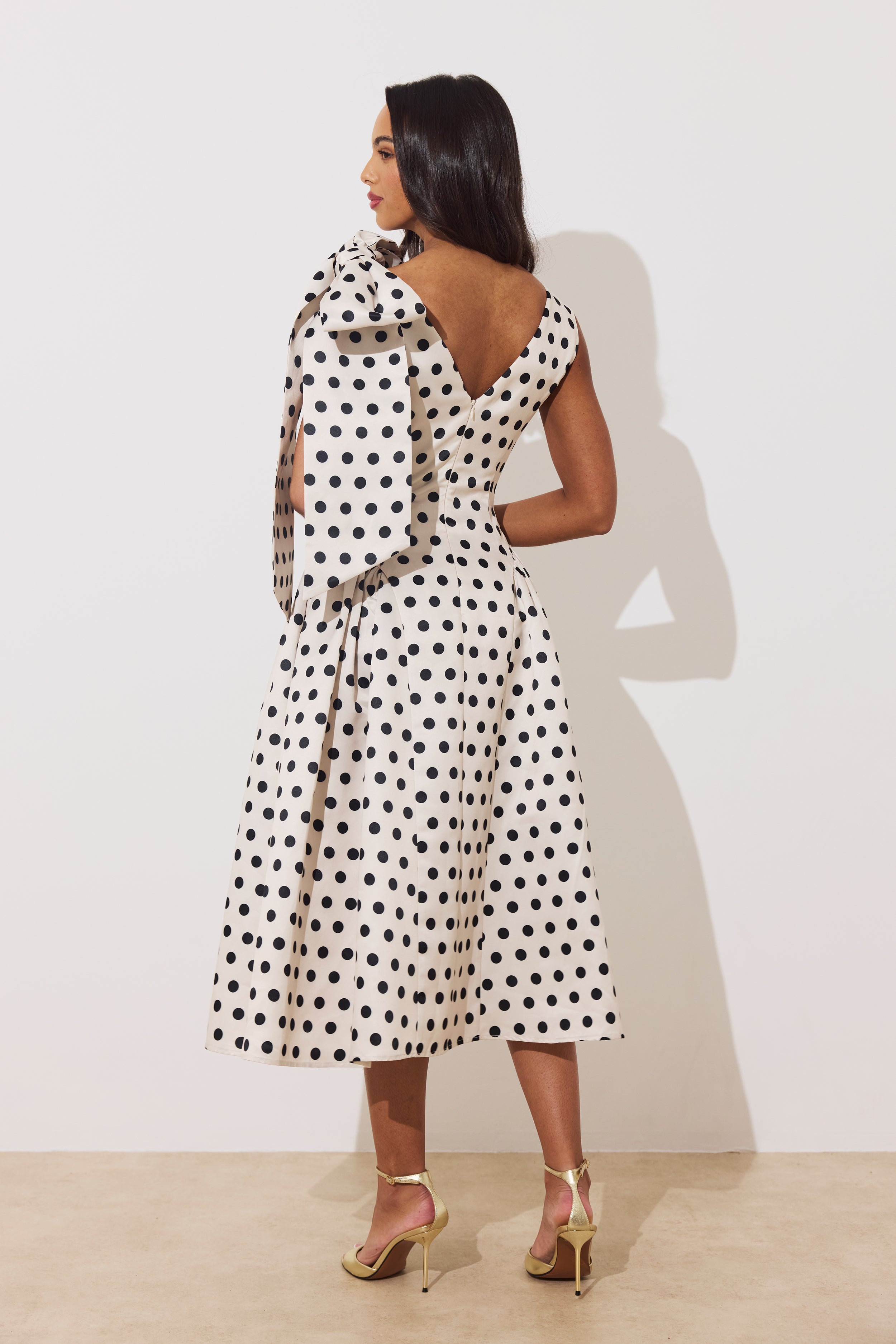 BEATRICE POLKA DOT BOW DRESS - CHAMPAGNE BLACK