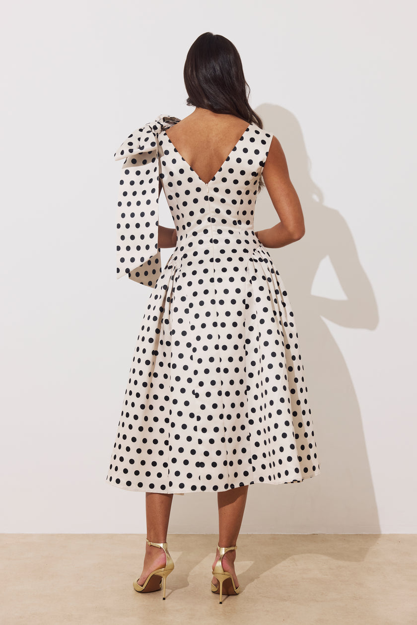 BEATRICE POLKA DOT BOW DRESS - CHAMPAGNE BLACK