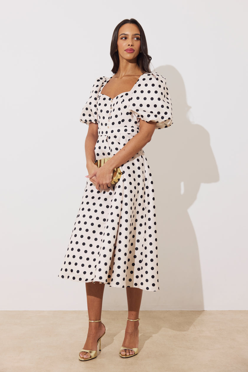 AUDREY PUFF SLEEVE FULL SKIRT DRESS - CHAMPAGNE BLACK