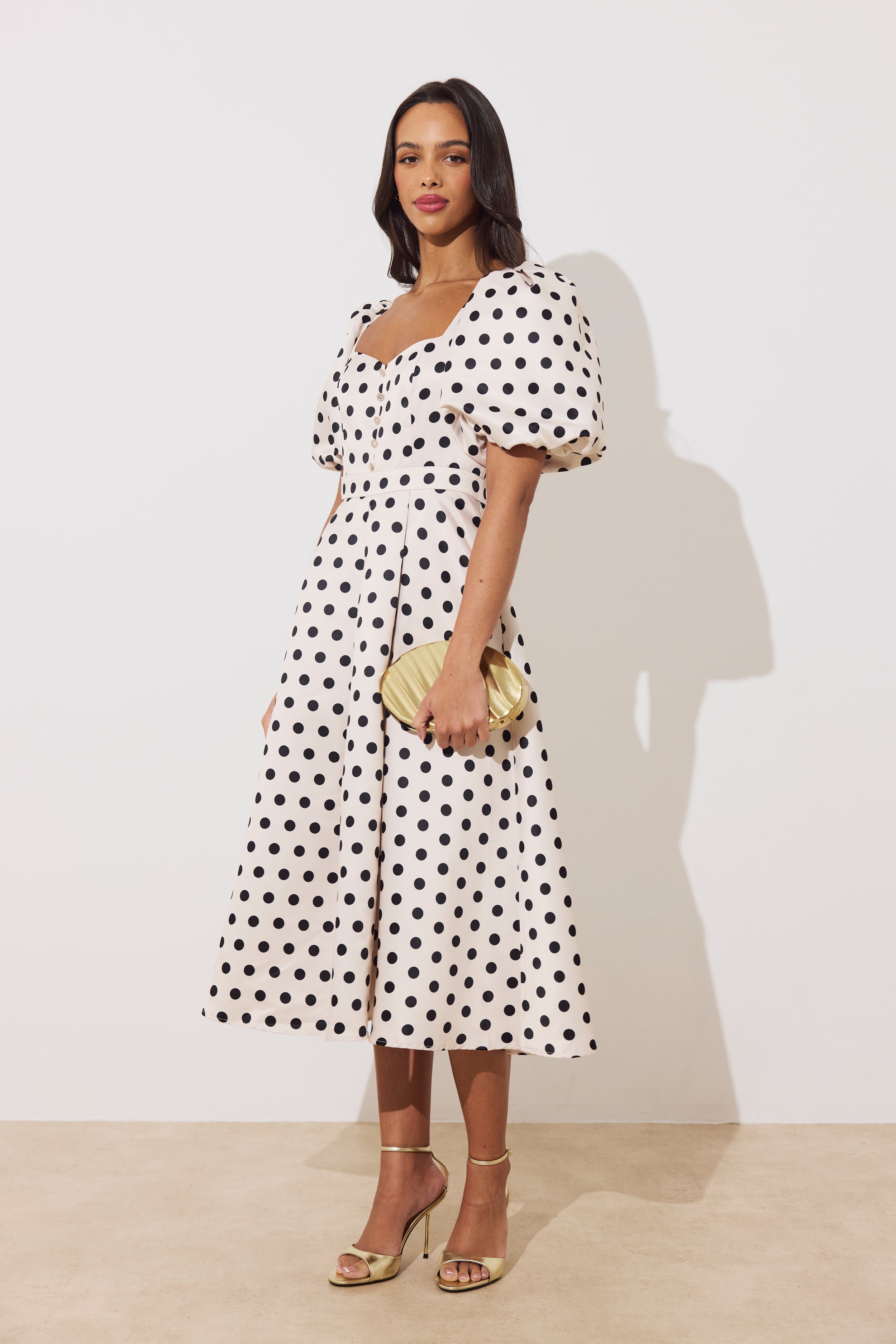 AUDREY PUFF SLEEVE FULL SKIRT DRESS - CHAMPAGNE BLACK