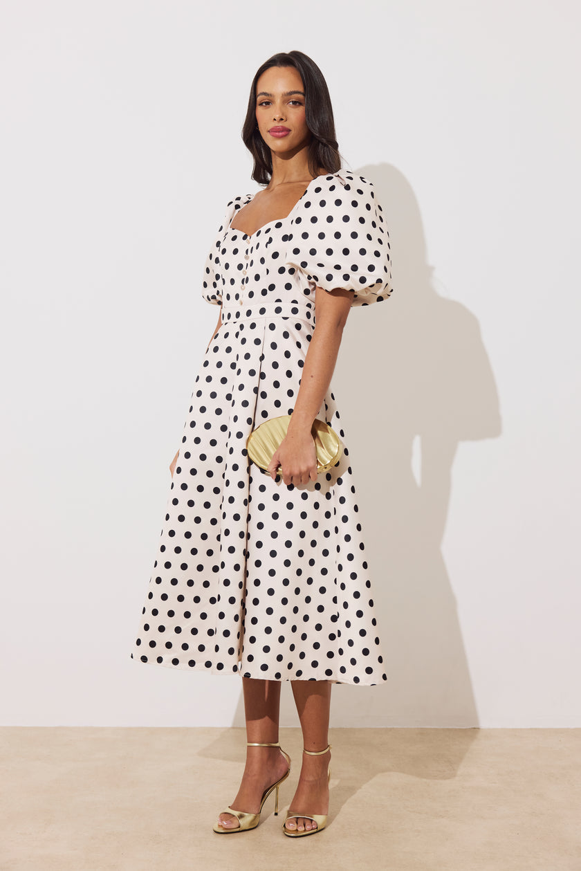 AUDREY PUFF SLEEVE FULL SKIRT DRESS - CHAMPAGNE BLACK