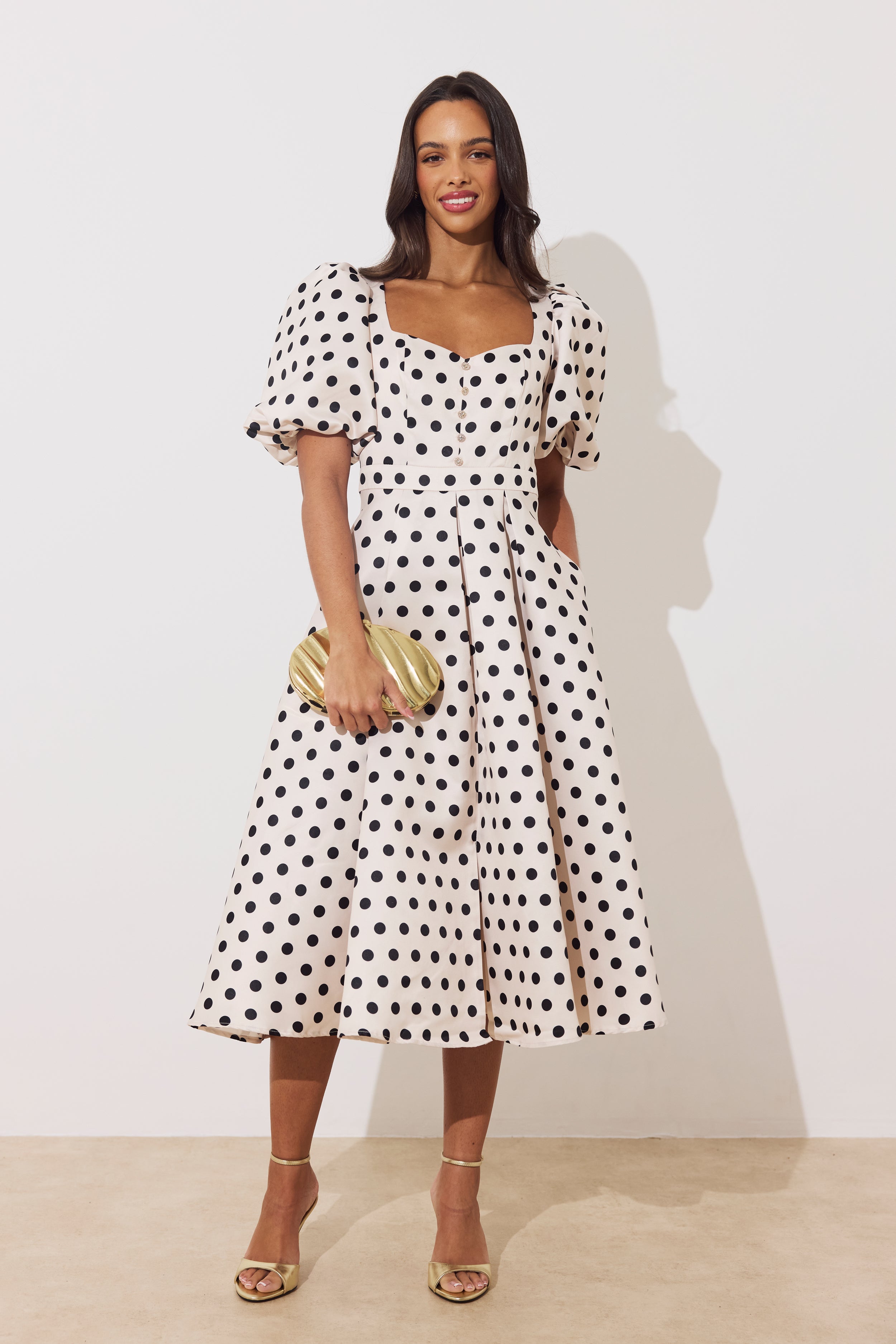 AUDREY PUFF SLEEVE FULL SKIRT DRESS - CHAMPAGNE BLACK