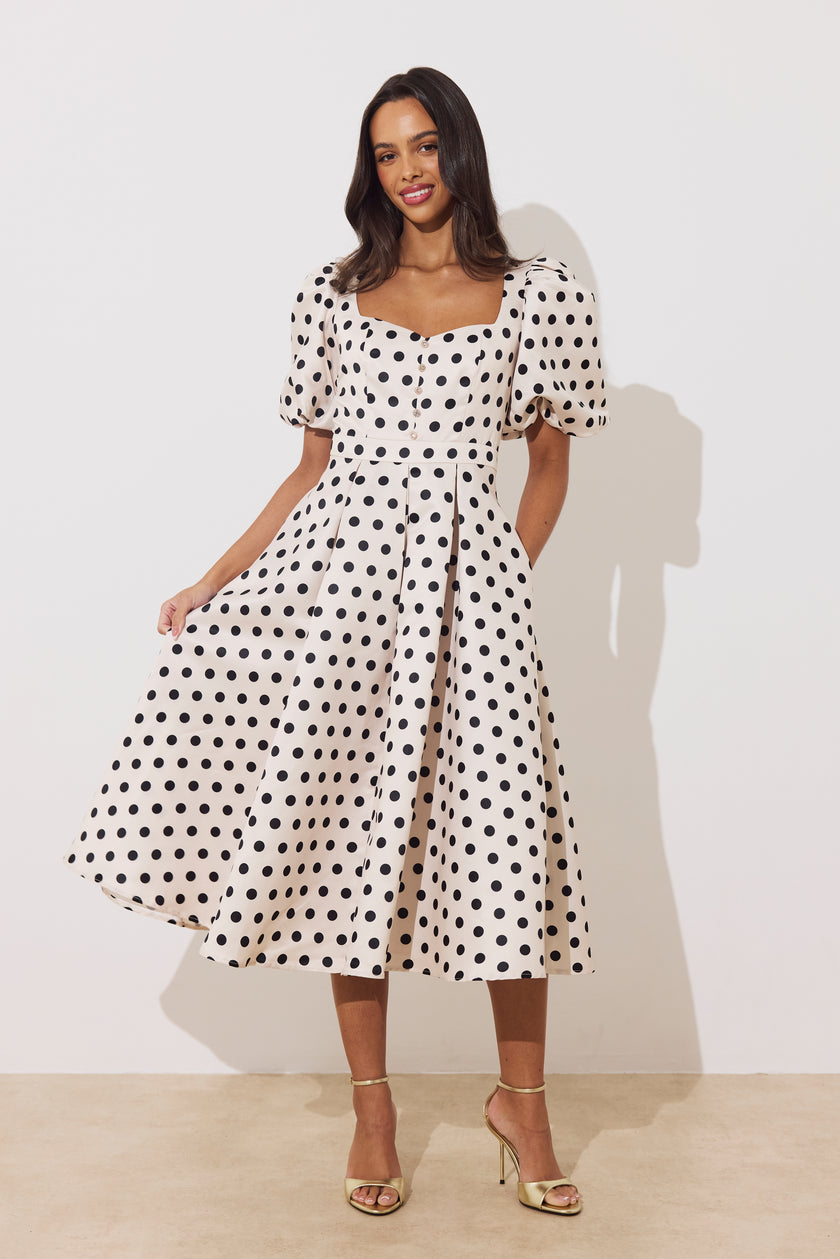 AUDREY PUFF SLEEVE FULL SKIRT DRESS - CHAMPAGNE BLACK