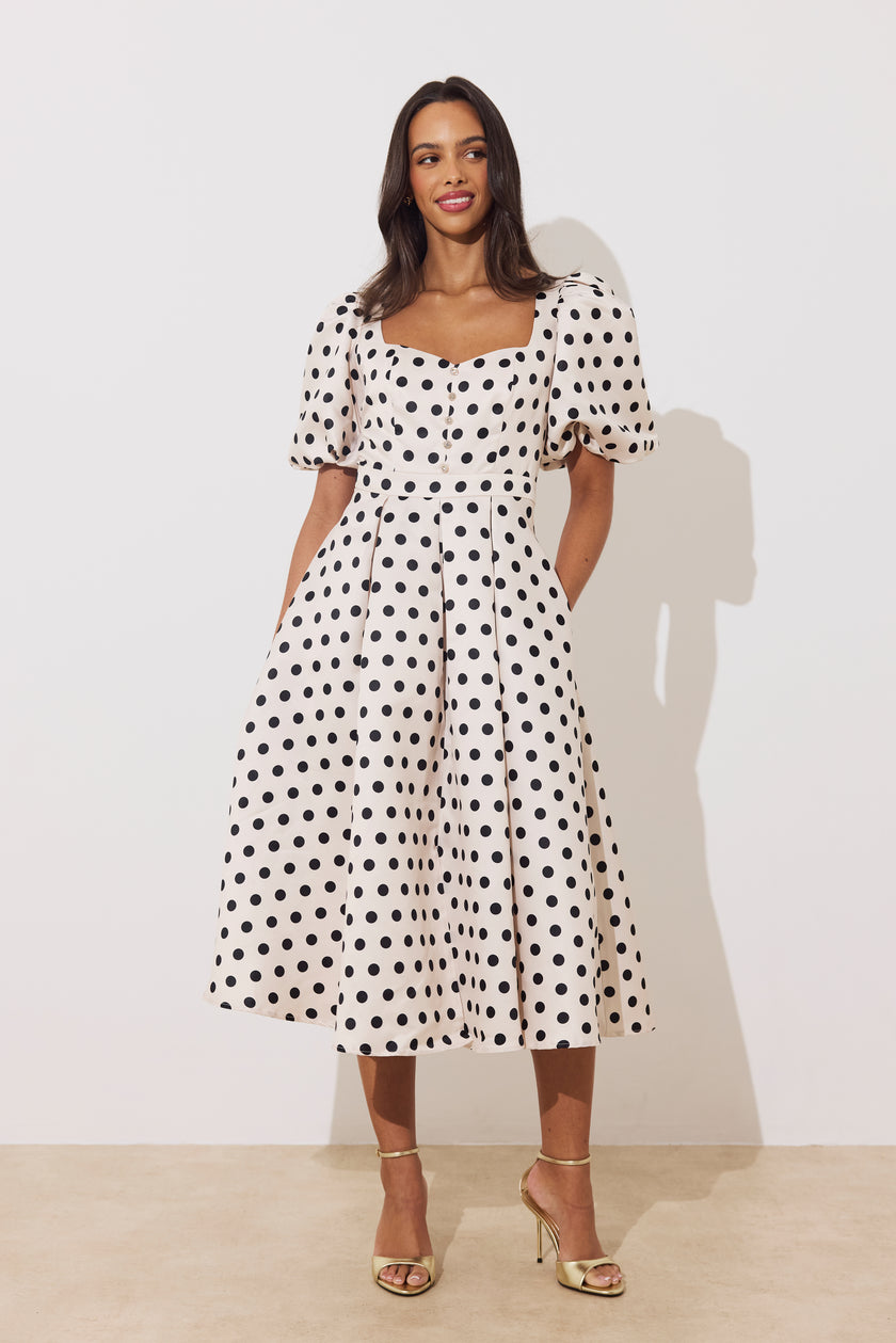 AUDREY PUFF SLEEVE FULL SKIRT DRESS - CHAMPAGNE BLACK